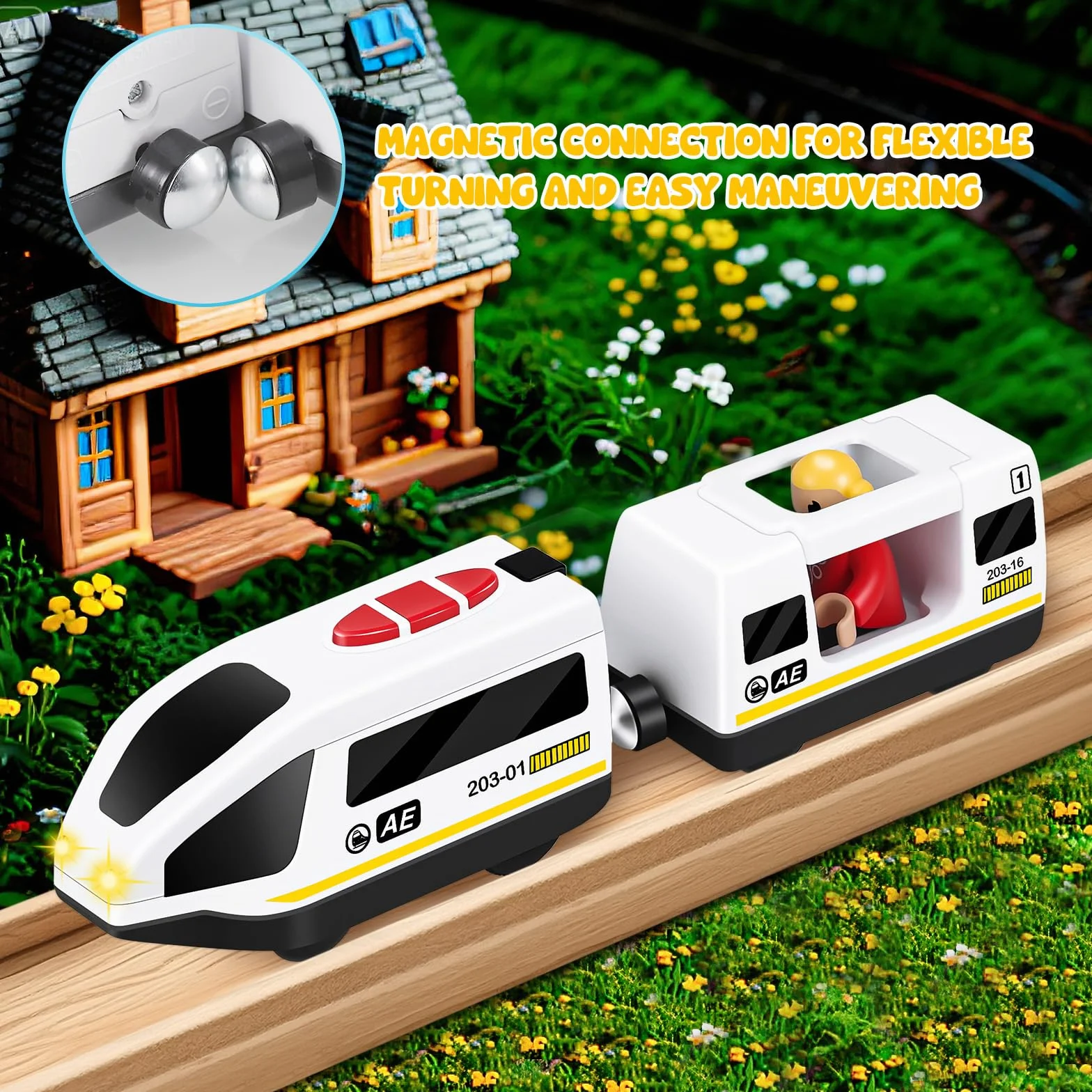 Starvortex Zestaw pociągów elektrycznych, silnikowe pociągi akumulatorowe do akcesoriów Brio, drewniany tor, pilot zdalnego sterowania, kompatybilny z Brio Thomas Railway, zestaw pociągów dla chłopców