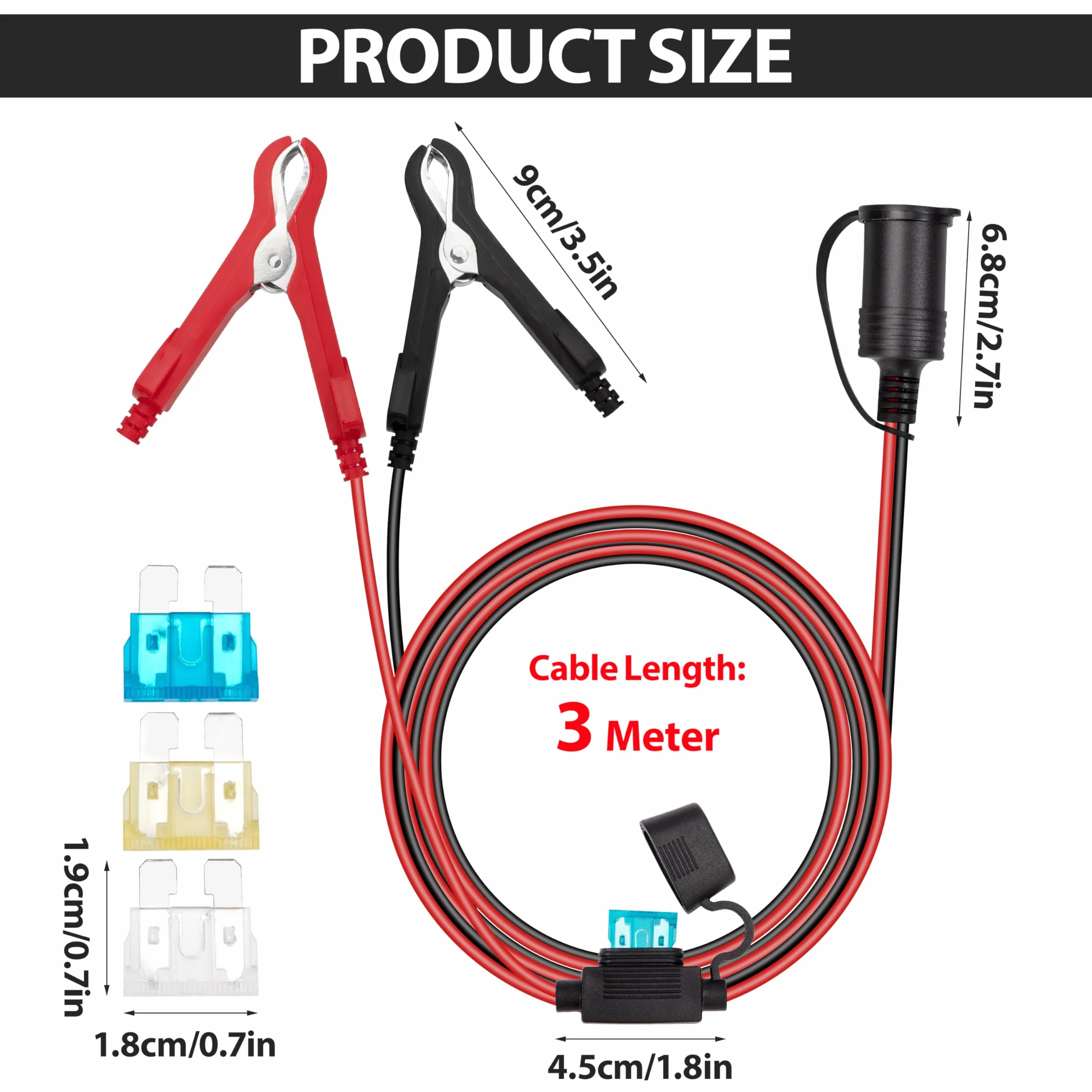Gniazdo zapalniczki 12V/24V kabel przedłużający 3m 16AWG wodoodporny z bezpiecznikiem 15A