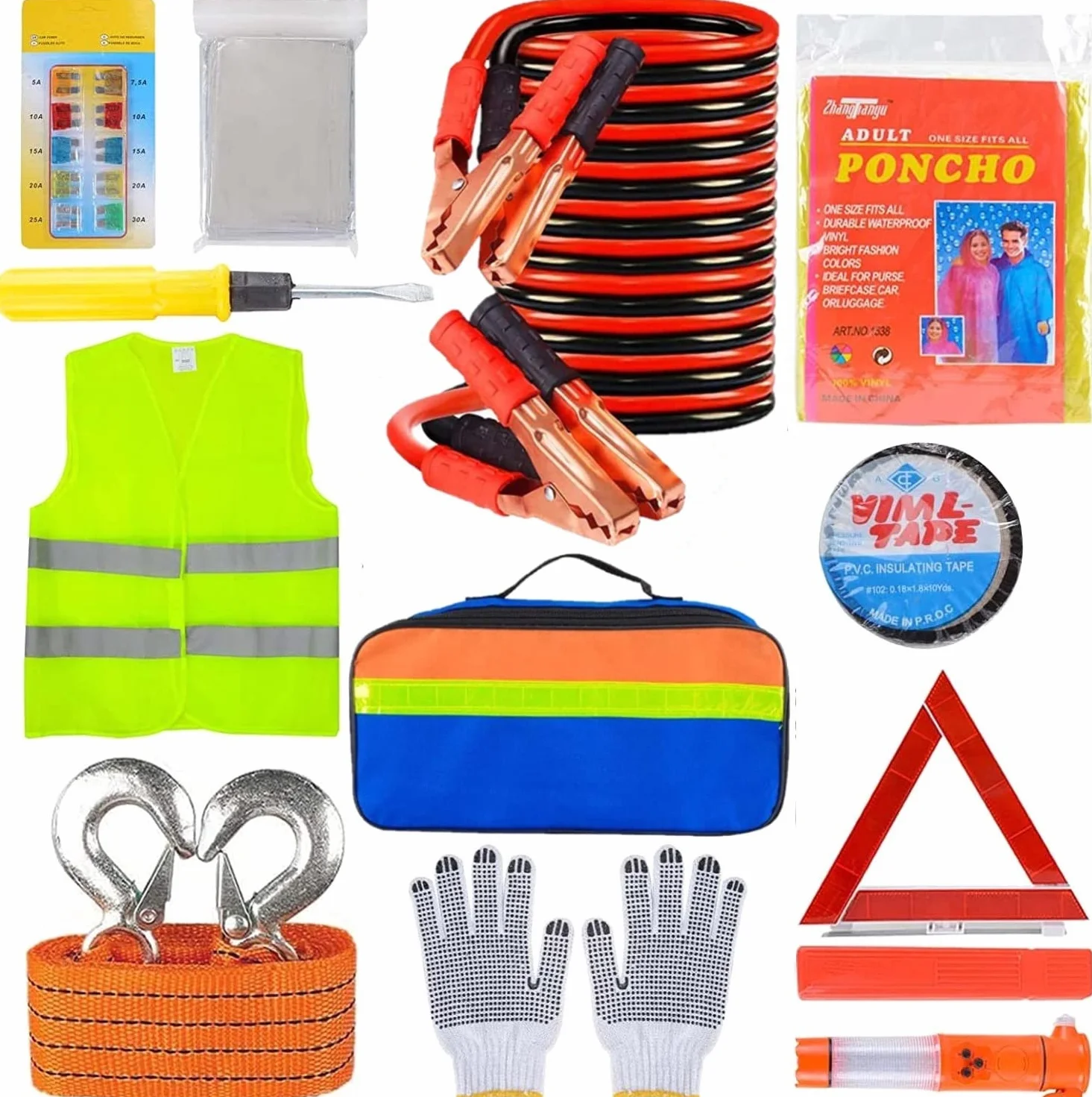 KAHEIGN Zestaw narzędzi awaryjnych 12 w 1, pomoc w napadzie samochodowym, z trójkątem ostrzegawczym, linka holownicza, kabel rozruchowy, młotek bezpieczeństwa, latarka, zestaw narzędzi awaryjnych