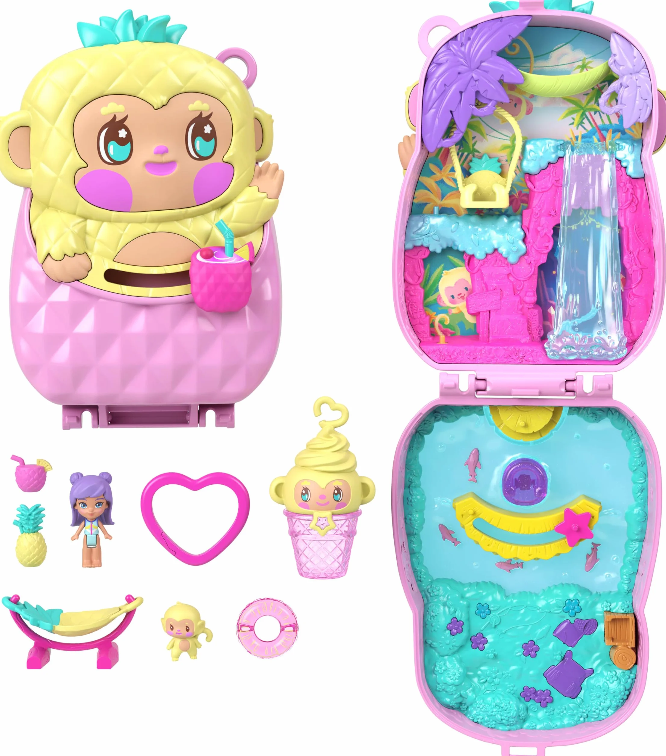 Polly Pocket Ananasowa małpka Zestaw kompaktowy, 1 mikrolalka, figurka zwierzątka, hamak i inne akcesoria, owocowy motyw, zabawka dla dzieci 4+, JKC49