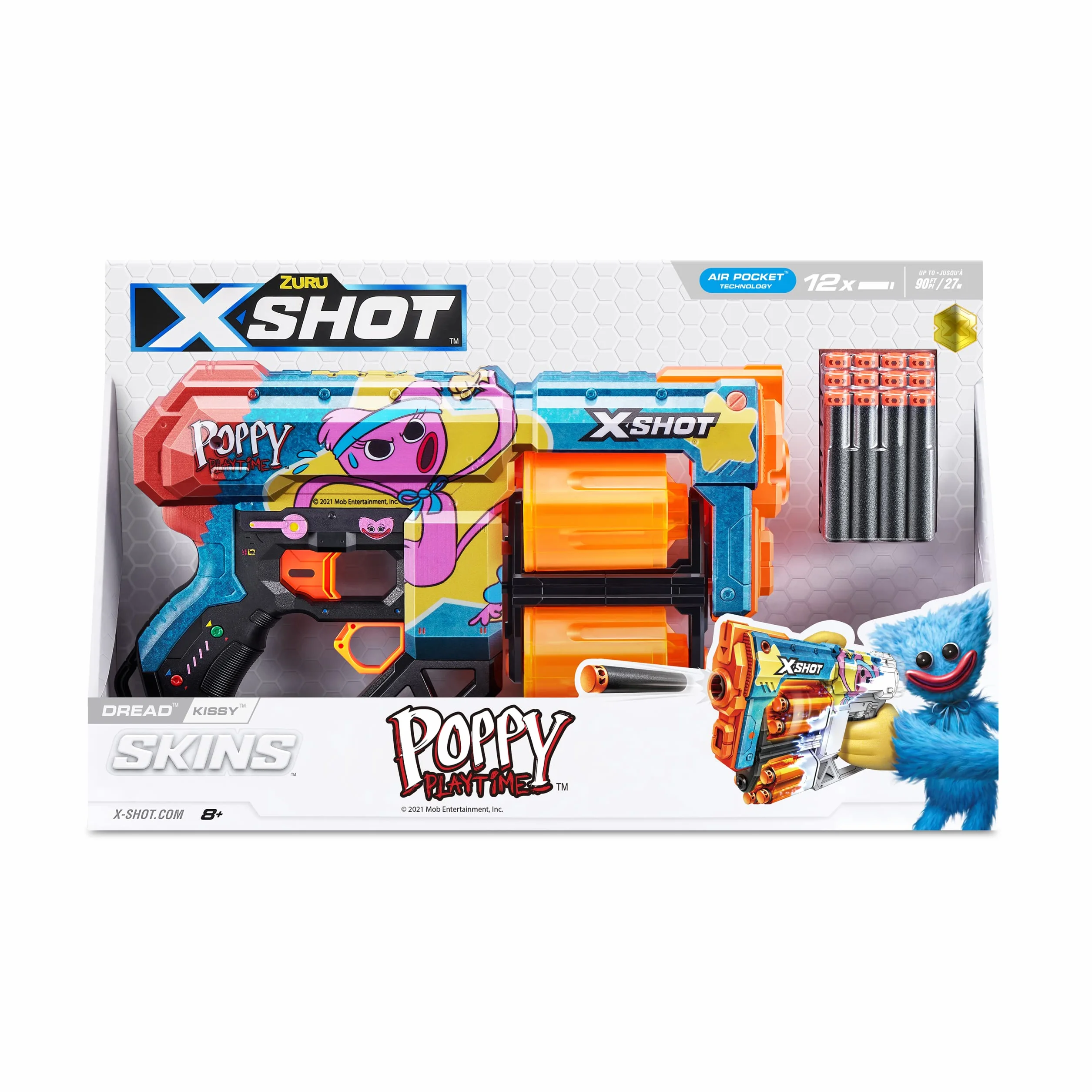 X-Shot Skins Dread Blaster - Poppy Playtime (Kissy) marki ZURU z 12 rzutkami, podwójna obrotowa beczka, technologia rzutek powietrznych, zabawka do piany dla dzieci, nastolatków i młodzieży