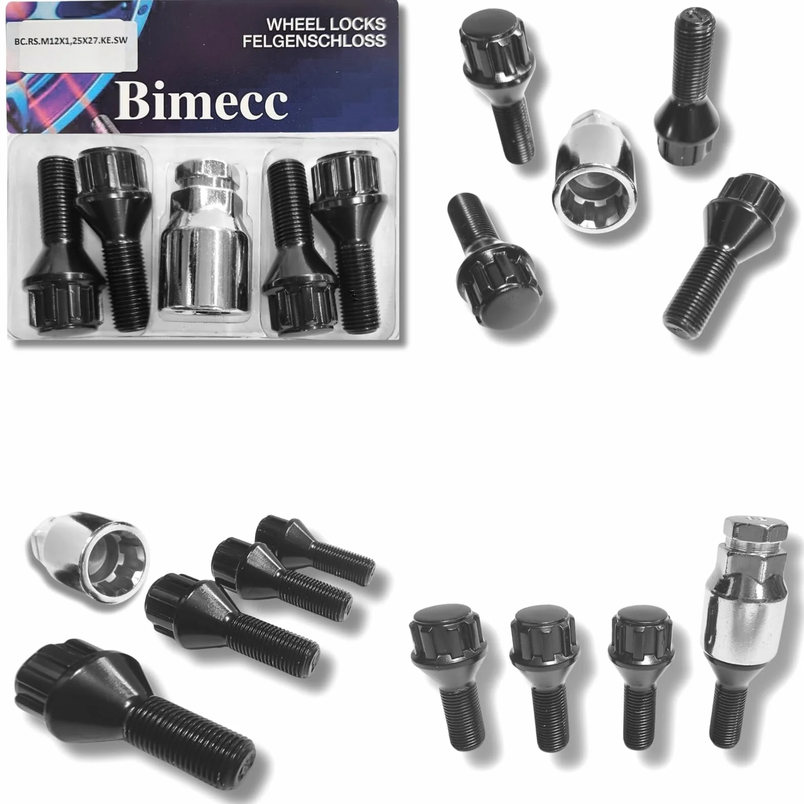 Blokada do felg M12 x 1,25 x 27 mm, taśma stożkowa 60°, kompatybilne z Alfa Romeo, Fiat, Ford, Jeep Lancia Maserati, 4 x czarne zamki do felg, zestaw 4 zabezpieczeń kół, śruby do kół