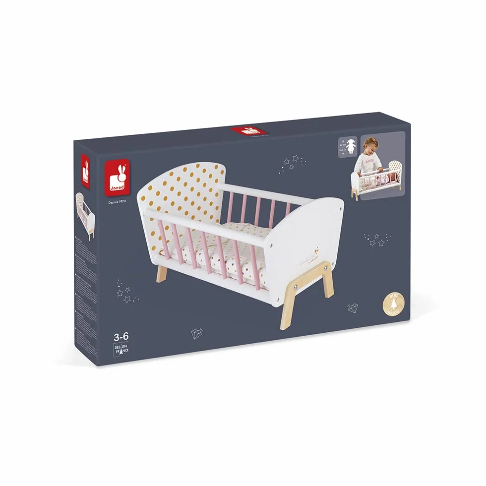 Janod - Candy Chic Bed - Wooden Baby Doll’S Bed with Mattress + Blanket + Pillow - Soft Shiny Colours - Accessories for Babies - from 3 Years Old, J05889