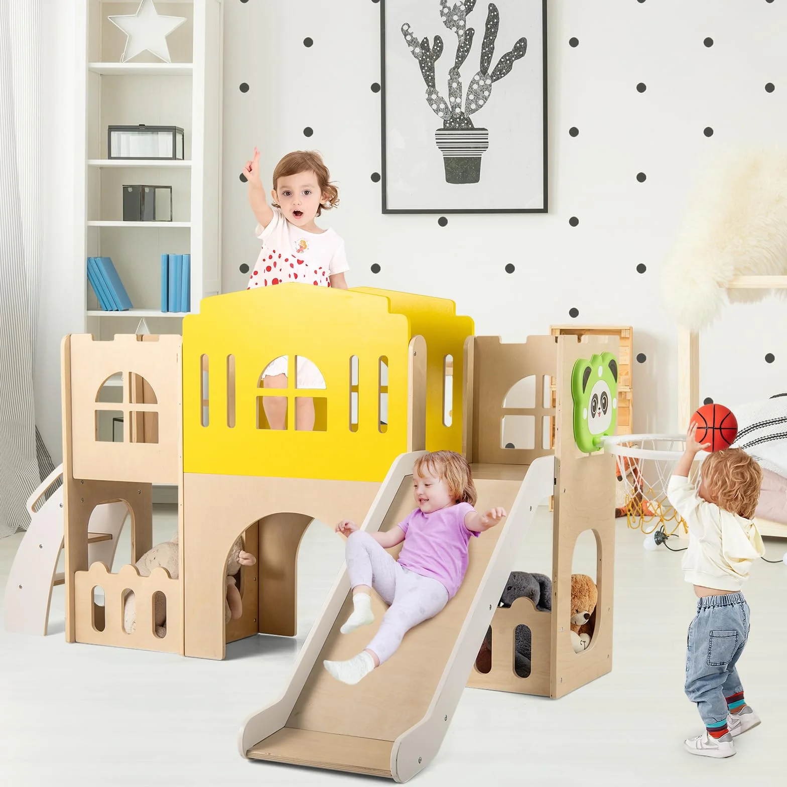 COSTWAY Zjeżdżalnia dziecięca 7 w 1, z drabinką do wspinaczki, koszem do koszykówki, tunelem i miejscem do przechowywania, do wspinaczki, drewniany plac zabaw dla dzieci od 3 lat