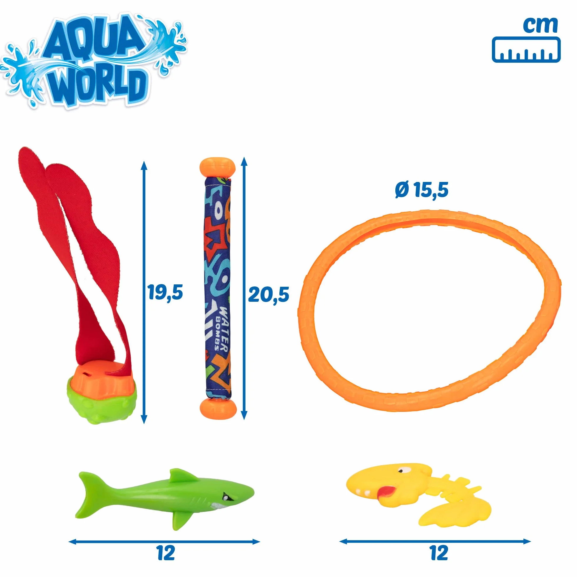 COLORBABY 49536, Zestaw zabawek nurkowych 17 sztuk, CB Toys, Zestawy do nurkowania w wodzie, Zawiera 4 kije, 4 obręcze, 4 rekiny, 3 torpedy i 2 ryby, Gra w basenach, Prezenty i zabawki dla dzieci
