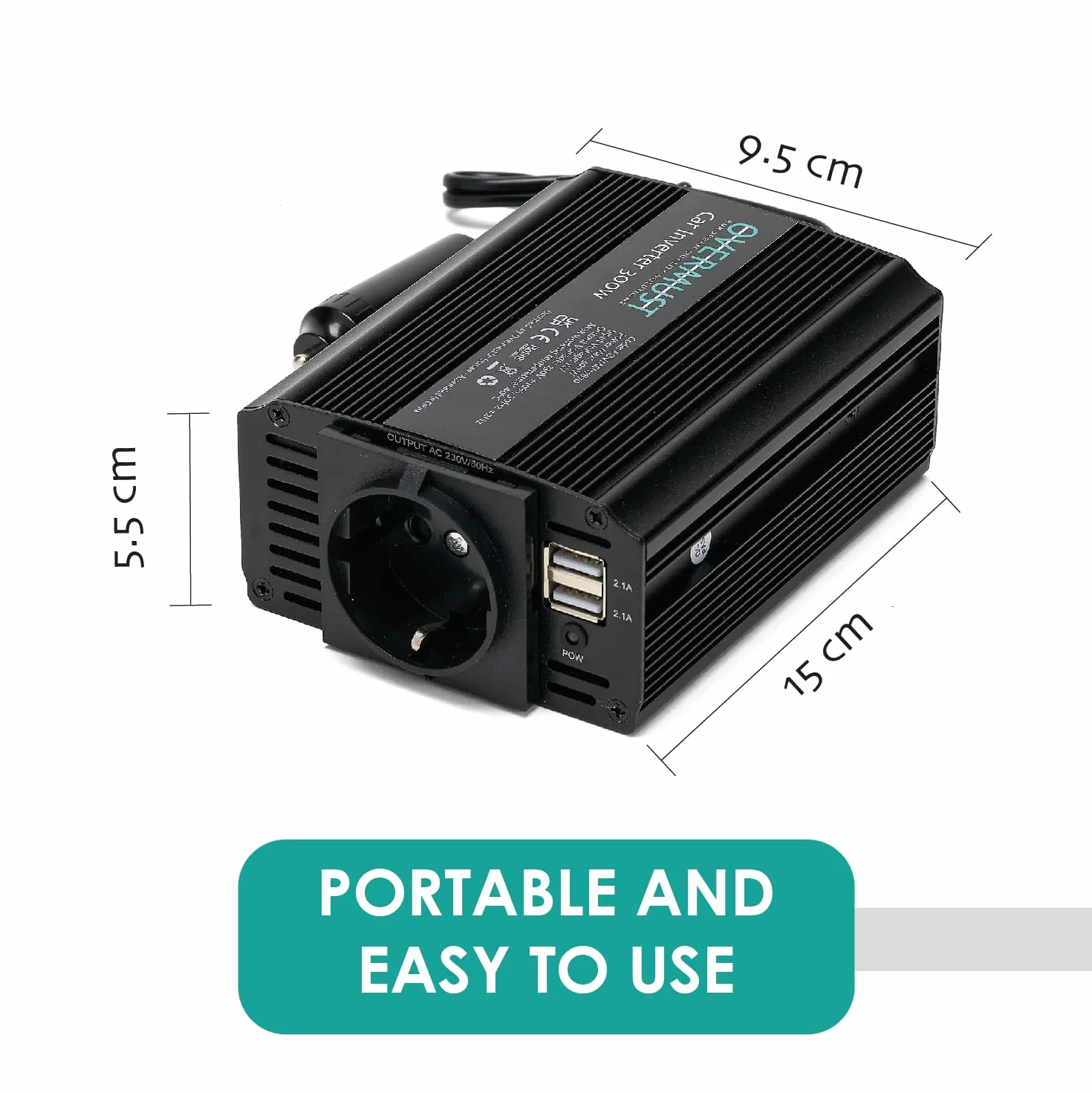 Przetwornica Samochodowa 12v;220v;300W - Przejściówka Gniazda Samochodowego, Gniazda elektrycznego - Transformator z Podwójnym Portem USB - Wentylator Chłodzący