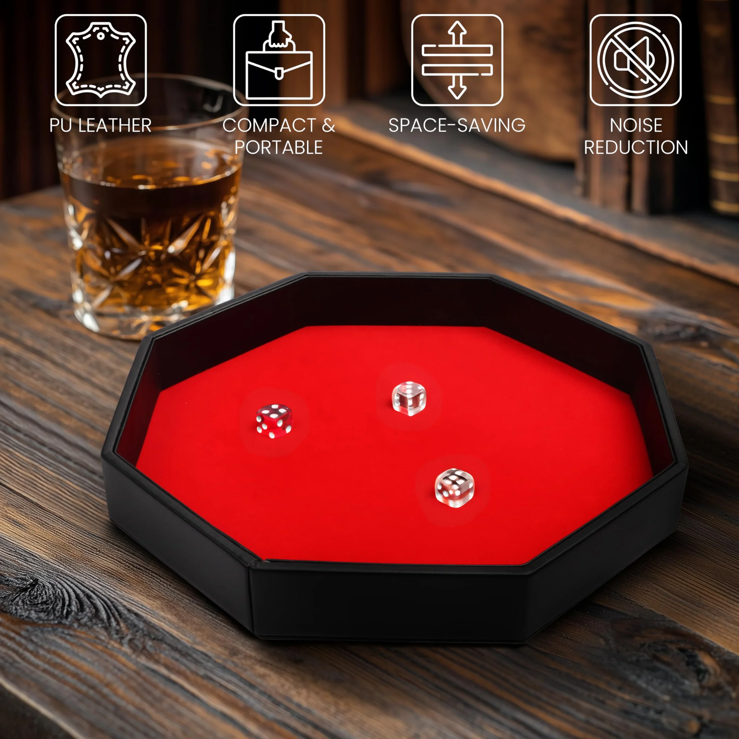Belle Vous Ośmiokątna Czarna Tacka na Kości do Gry z Czarnej Ekoskóry Wyłożona Czerwonym Miękkim Aksamitem – Taca na Kości do Gier Planszowych Takich jak RPG i DND/D&D – Tacka na Biżuterię