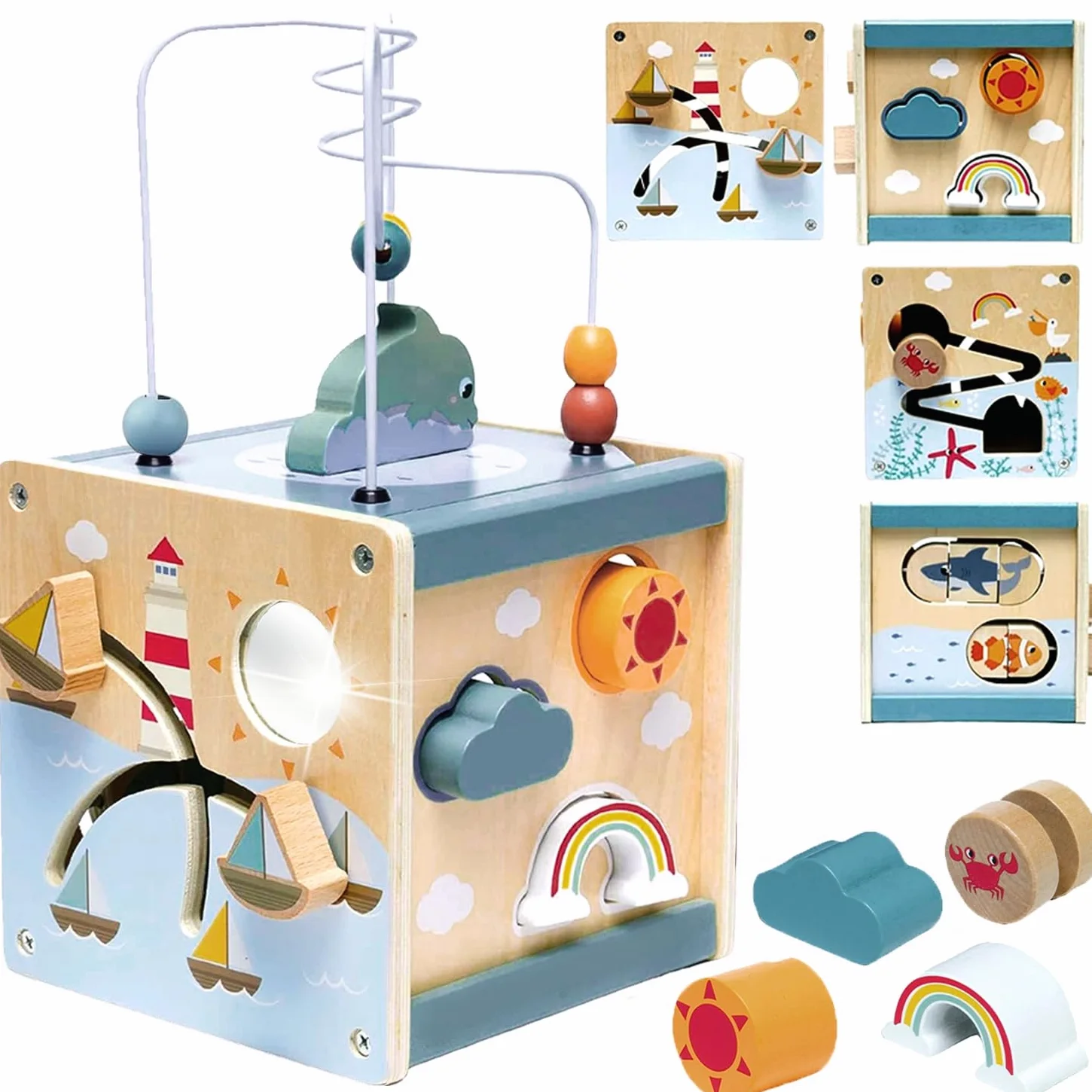 Drewniane zabawki do aktywności 6 w 1, centrum aktywności, Montessori, zabawki, koralik, labirynt, sortownik, z lustrem, przesuwne klocki puzzle, prezent dla dzieci w wieku 1-2-3 lat, małych