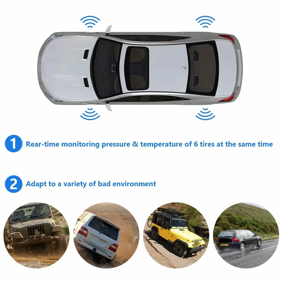 Yctze TPMS 6 Czujniki zewnętrzne Bezprzewodowy system monitorowania ciśnienia w oponach solarnych Monitor LCD Alarm