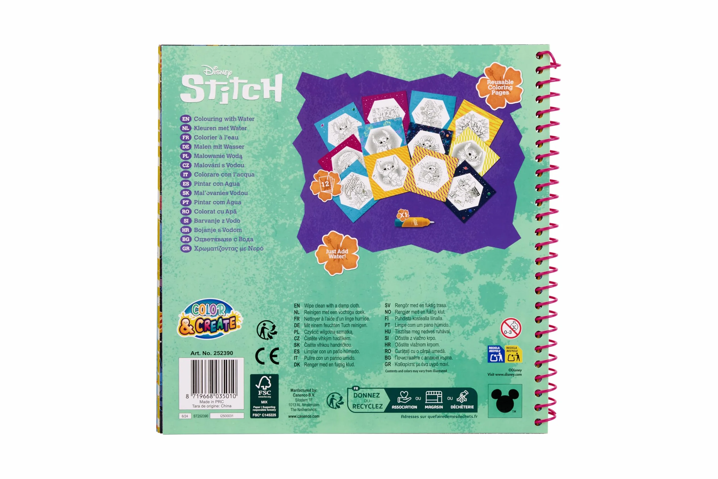 Disney Stitch kolorowanka z wodą, kolorowanka wodna, wielokrotnego użytku dla dzieci od 3 lat, z pisakiem wodnym do ponownego napełniania, 12 stron do kolorowania, prezenty Lilo i Stitch, zestaw do