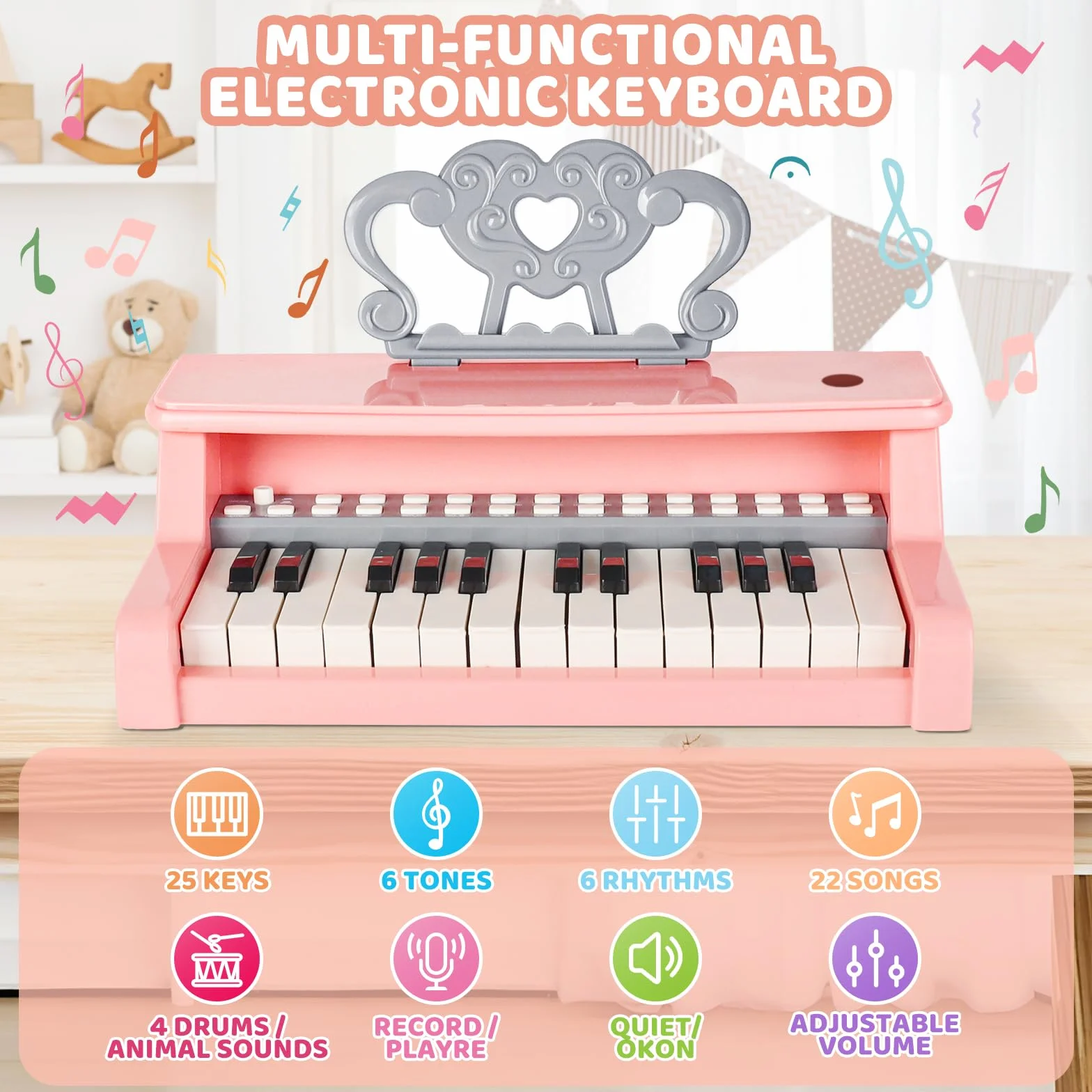deAO Pianino dla dzieci, zabawki do muzycznej klawiatury fortepianowej dla dzieci, elektroniczna zabawka fortepianowa z stołkiem i mikrofonem, 25 klawiszy, 22 piosenki, różowy