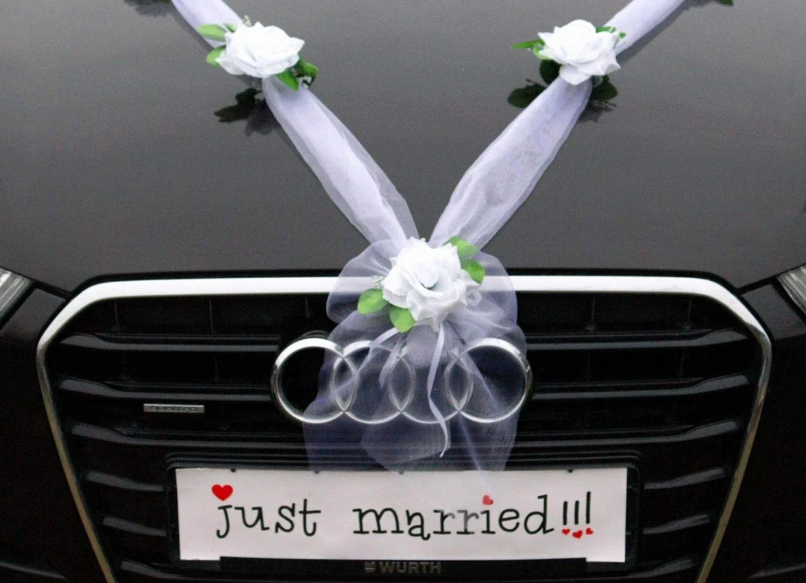 ORGANZA M Ozdoba samochodowa dla pary młodej, róża dekoracyjna, organza, M, na wesele, do samochodu, girlanda dekoracyjna do samochodów osobowych (biały/biały)
