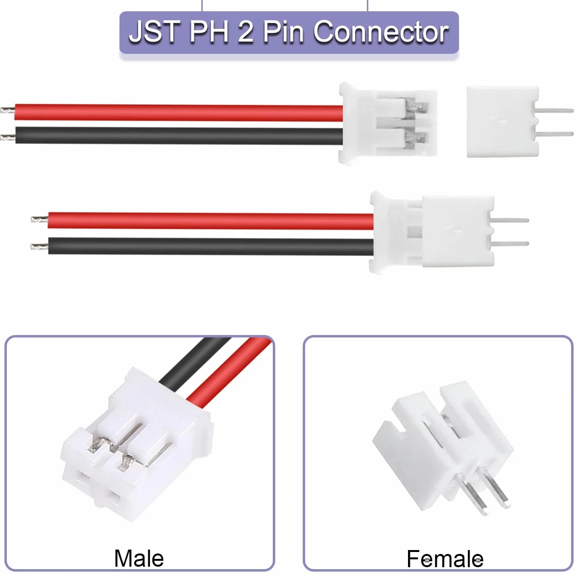 40 szt. JST 2.0 PH 2-pinowe złącze męskie z kablem 10 cm i żeńskim mikro JST PH 2,0 mm 2-pinowe złącze wtykowe do samolotu, quadkoptera, łodzi, samochodu, zabawek, panelu sterowania PCB