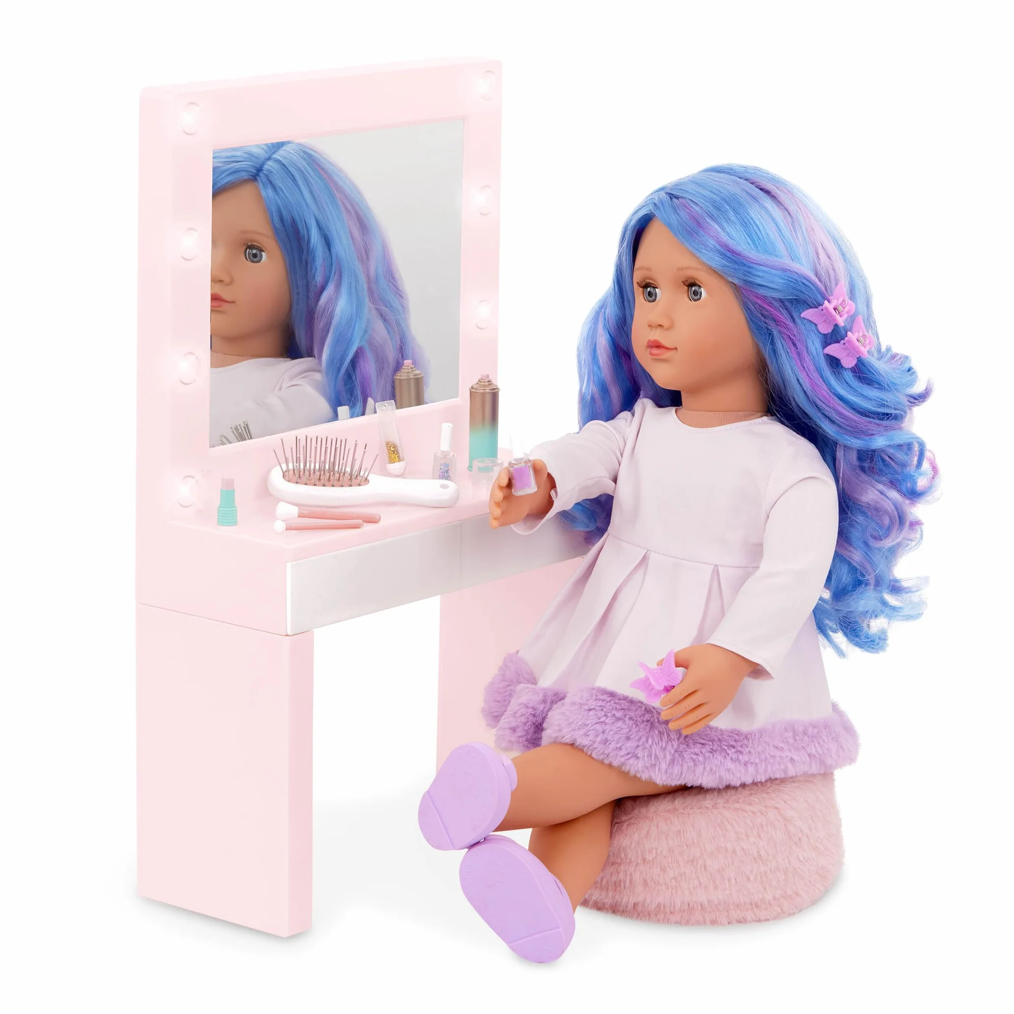 Our Generation Pink Vanity Table Playset – Light-up Mirror – Pretend Makeup & Styling Items – 45 cm Doll Accessories – Toys for Kids Ages 3 & Up – Glam & Glow Vanity Set