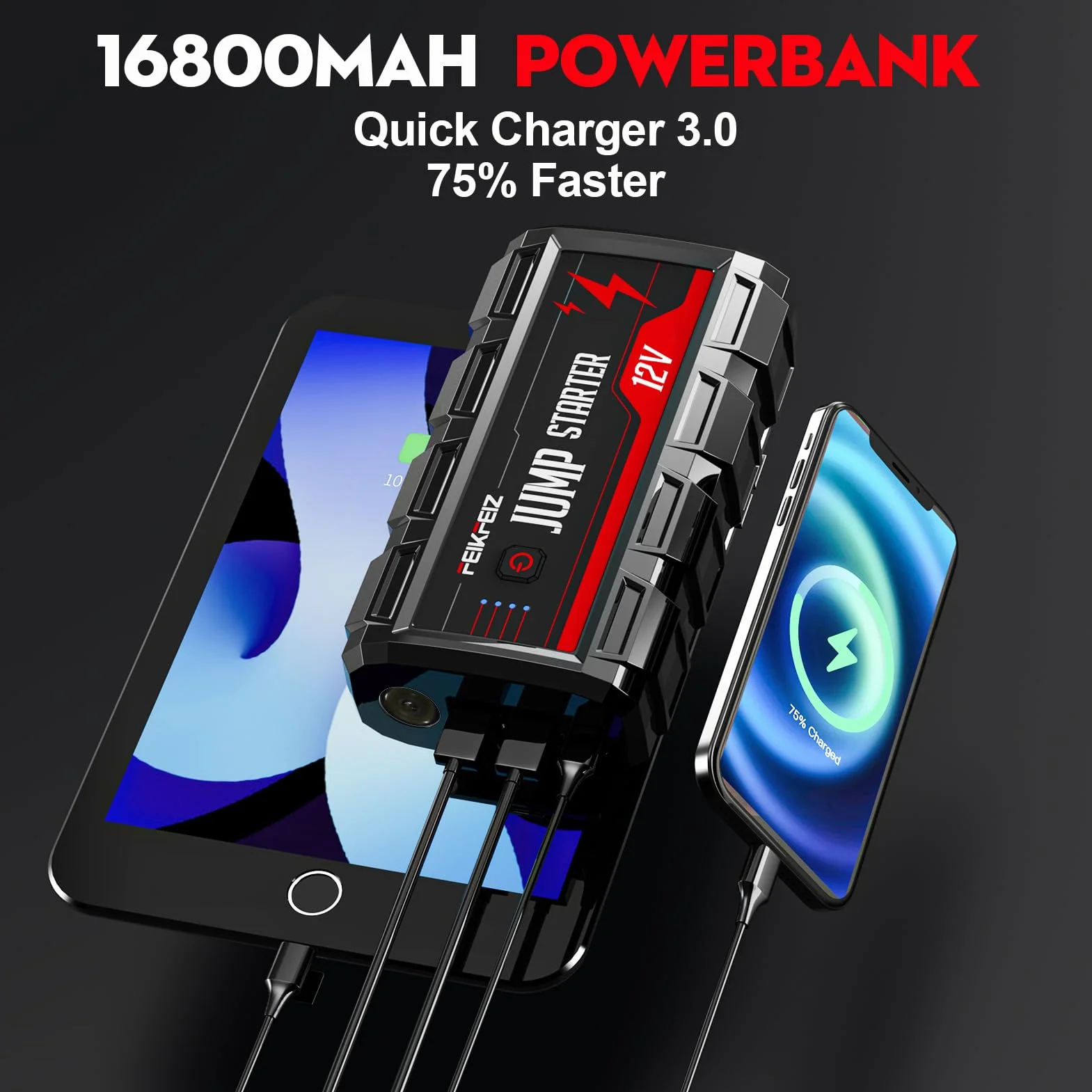 FEIKFEIZ Powerbank rozruchowy 3000A 16800mAh 12V z latarką LED i wyjściem USB 3.0