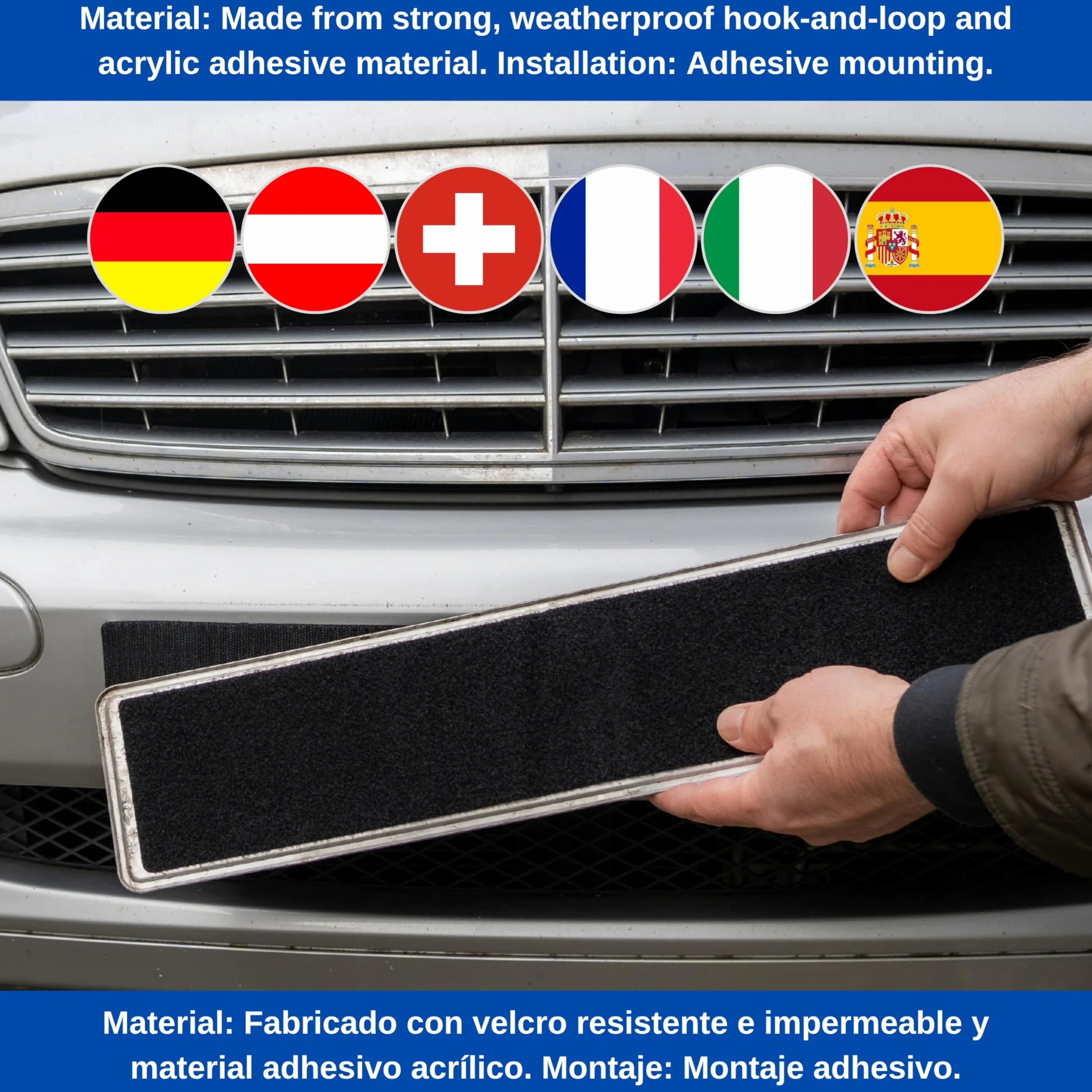 Klett Kennzeichenhalter, 2 sztuki, taśma 500 x 100 mm z hakami i pętelkami, bezramkowy uchwyt na tablicę rejestracyjną o sportowym wyglądzie, uchwyt na tablicę rejestracyjną samochodu, uchwyt na