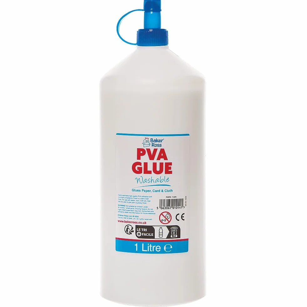 Baker Ross FN078 Zmywalny klej PVA - 1 litr, PVA dla szkół, materiały dydaktyczne, uniwersalny klej do drewna, kart papieru