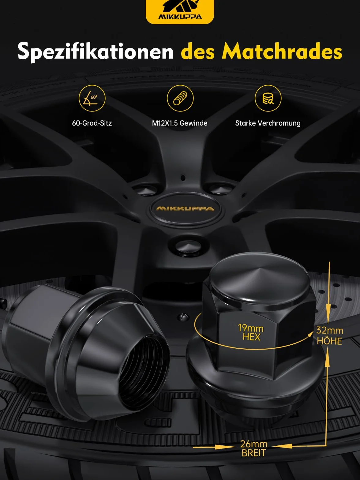 MIKKUPPA Nakrętki kół M12 x 1,5 SW19 do Ford Fusion 2012-2018 Focus 2001-2019 Escape 20 sztuk