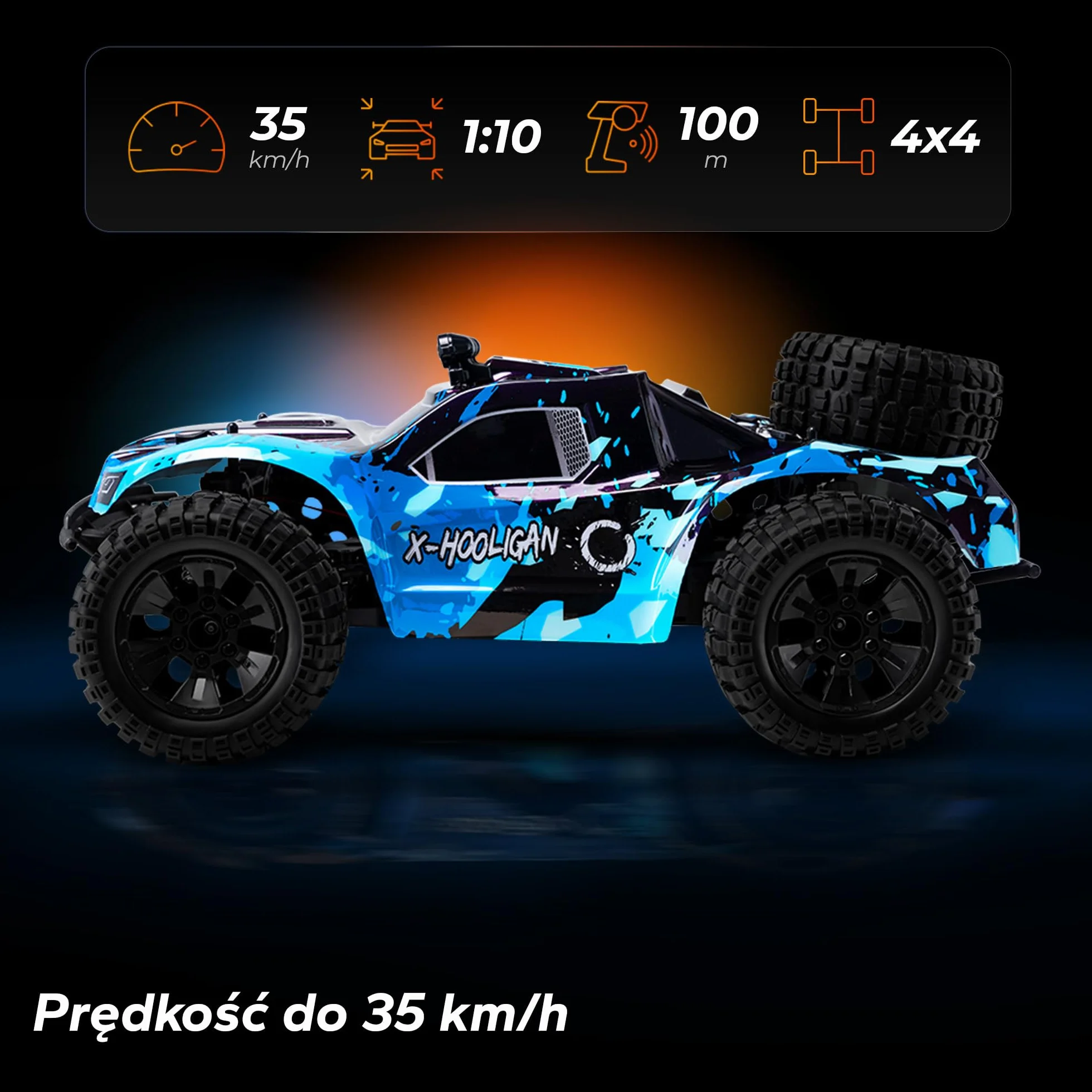 Overmax X-Hooligan duży, szybki, zdalnie sterowany samochód, skala 1:10, prędkość 35 km/h, zasięg 100 m, napęd 4 x 40 minut, oświetlenie LED