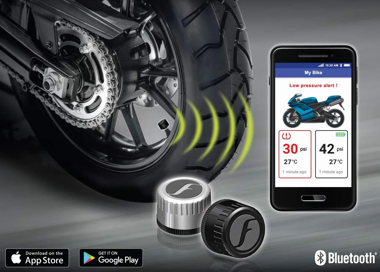 FOBO Bike 2 system monitorowania ciśnienia w oponach z aplikacją, inteligentny czujnik ciśnienia w oponach Bluetooth 5.0 do motocykli, srebrny