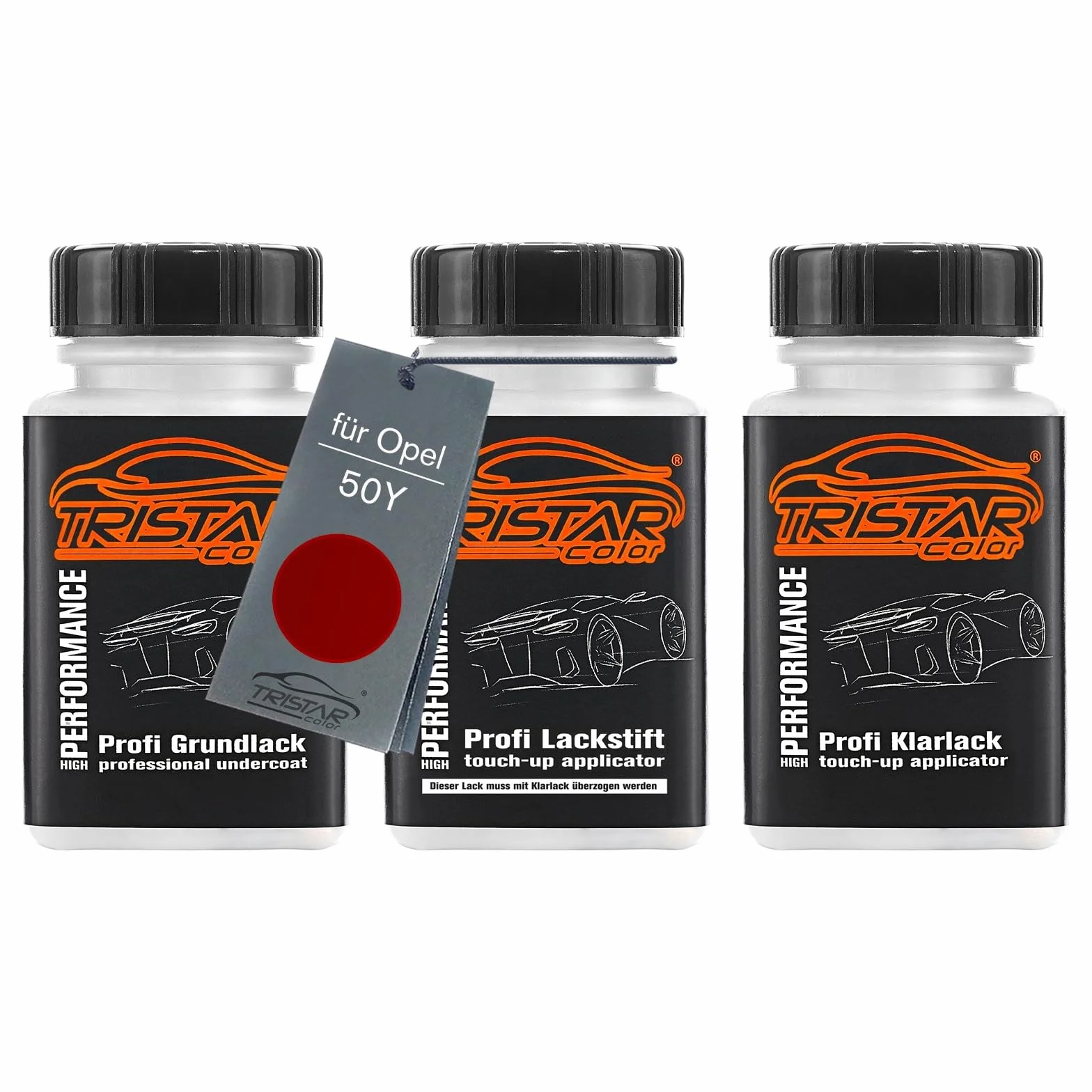 TRISTARcolor Lakier samochodowy Zestaw sztyftów do retuszu dla Opel 50Y Peperoncino Red Metallic lakier bazowy bezbarwny 50ml kazdy