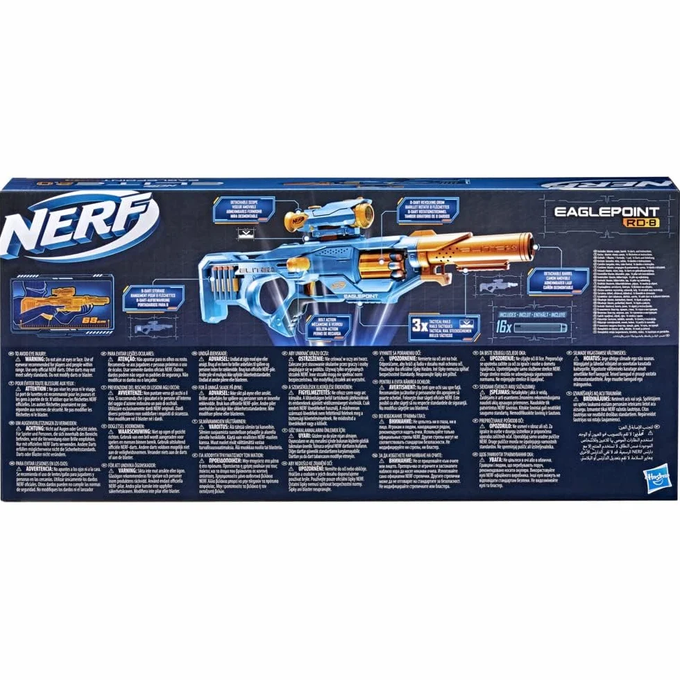Wyrzutnia Nerf Elite 2.0 Eaglepoint RD-8, 8-strzałkowy magazynek bębnowy, zdejmowany celownik i lufa, 16 strzałek Nerf, mechanizm ryglowy