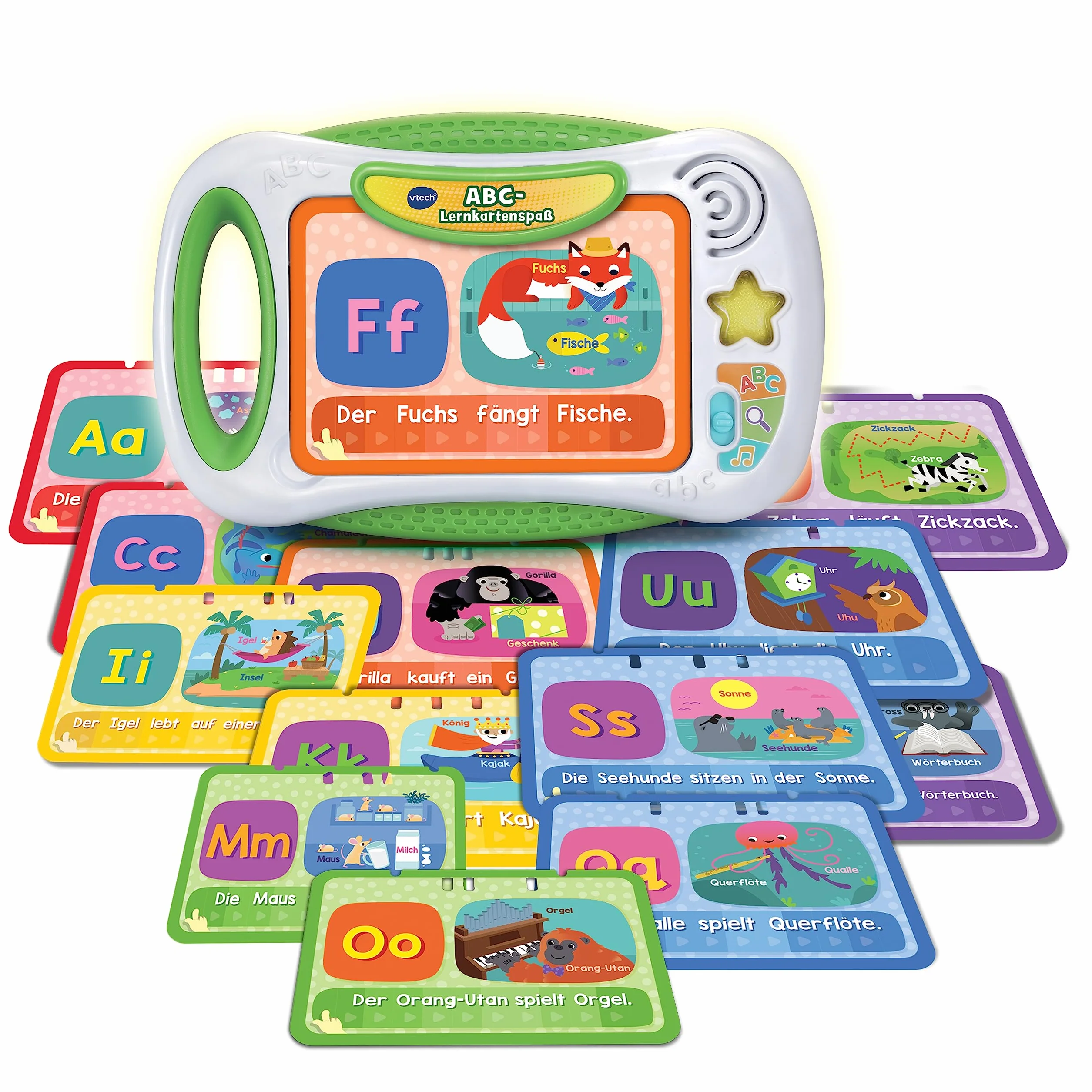 VTech ABC - tablica do nauki z drukowanymi kartami z literami i treściami do nauki na temat liter, dźwięków, przedmiotów i figurek, kolorów i wielu innych – dla dzieci w wieku 4-7 lat