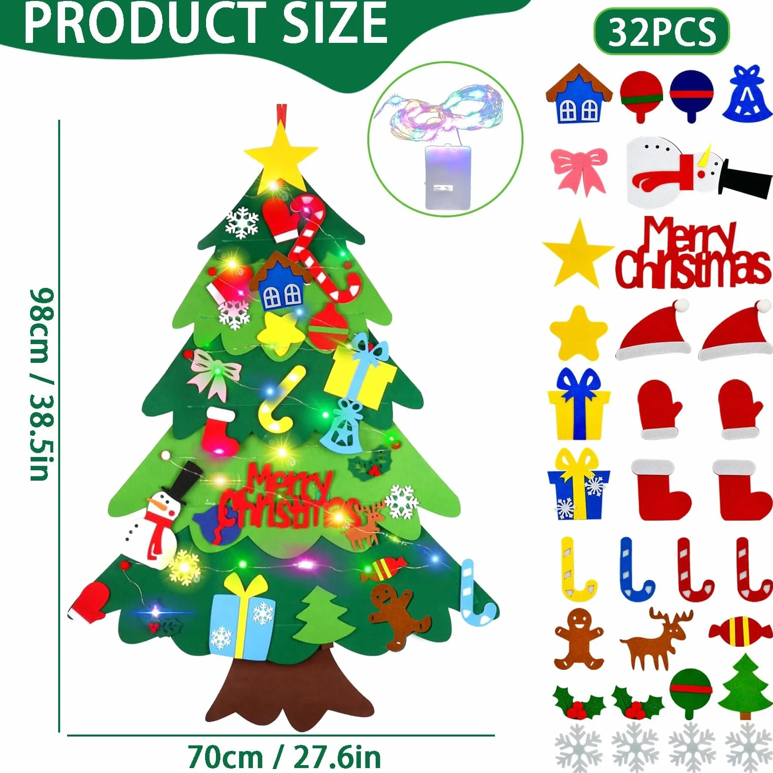DONGTATA DIY filcowe dekoracje choinkowe dla dzieci, 98 cm, filcowy zestaw choinki dla dzieci, do powieszenia na ścianie, zestawy z 32 szt. ozdób