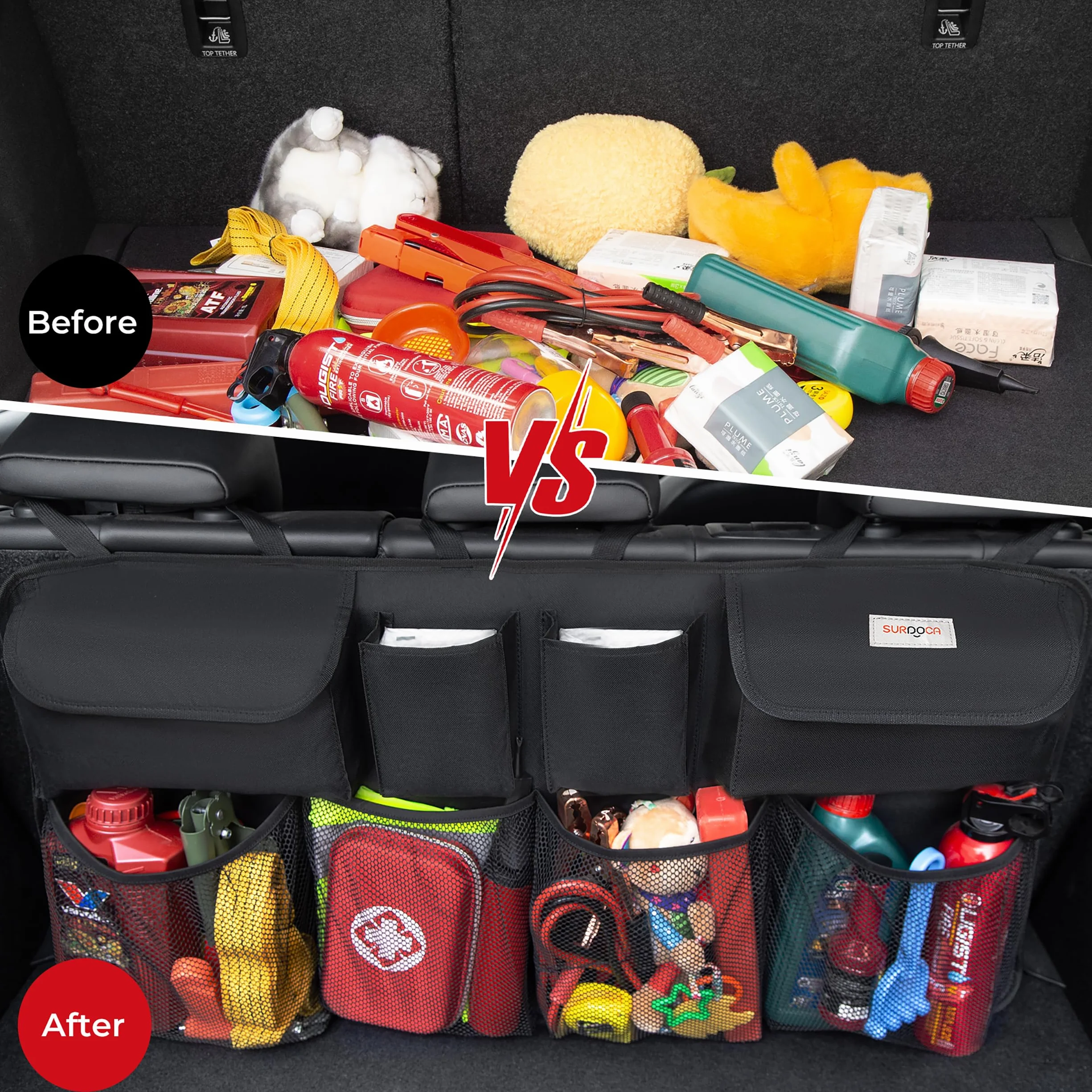 SURDOCA Car Trunk Organizer - 3rd Gen Super pojemność samochodu wiszące organizator, wyposażony w 4 Magic Stick, Car Trunk schludny worek przechowywania z pokrywami