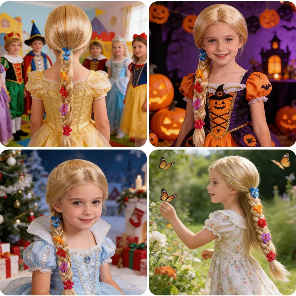 Roszpunka peruka dziecięca, TGKYK 55 cm, peruka dziecięca, blond, Roszpunka, warkocz dla dzieci, na karnawał, imprezę tematyczną, bajki (złota)