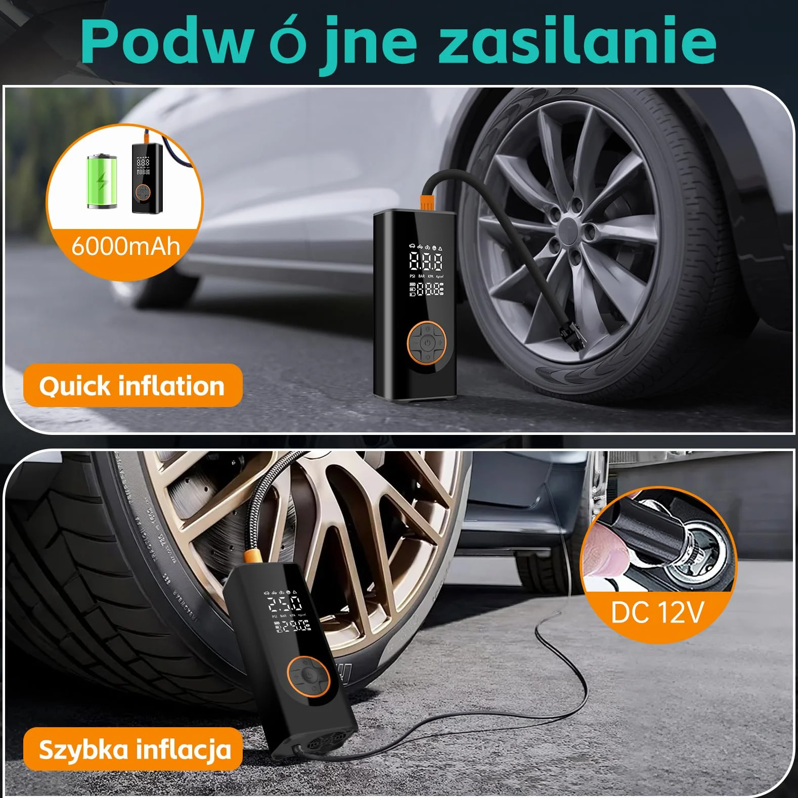Bezprzewodowa pompka do opon przenośna sprężarka powietrza cyfrowa samochodowych elektryczna Pompa 6000mAh z Podwójnym Wyświetlaczem Preset Pressure AutoStop DC 12 V 150 PSI rowerów/Rower/Motocyk