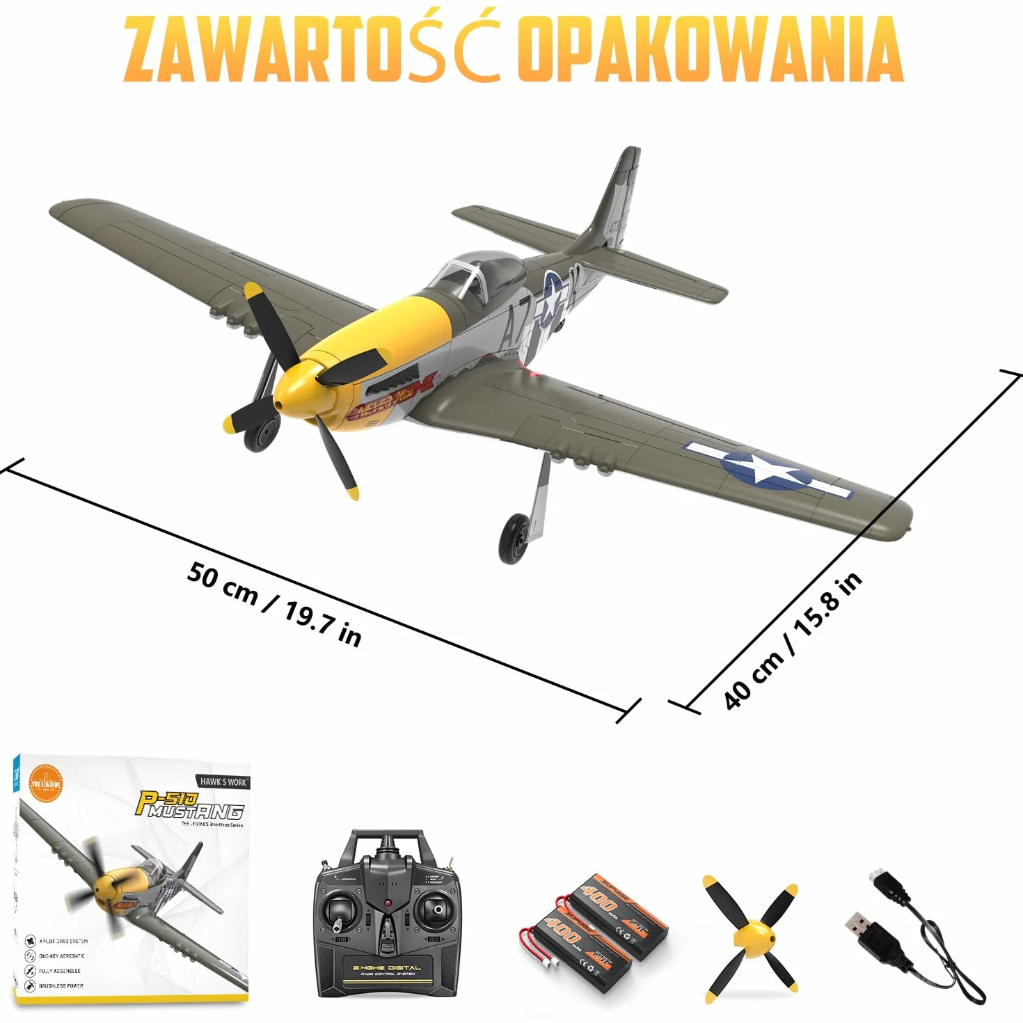 HAWK'S WORK Samolot RC P-51D Mustang 500mm, 4-kanałowy Zdalnie Sterowany Warbird RTF, Silnik Bezszczotkowy 6-osiowy Żyroskop 3 Tryby Lotu, Łatwy w Pilotażu dla Początkujących Chłopców i Dorosłych