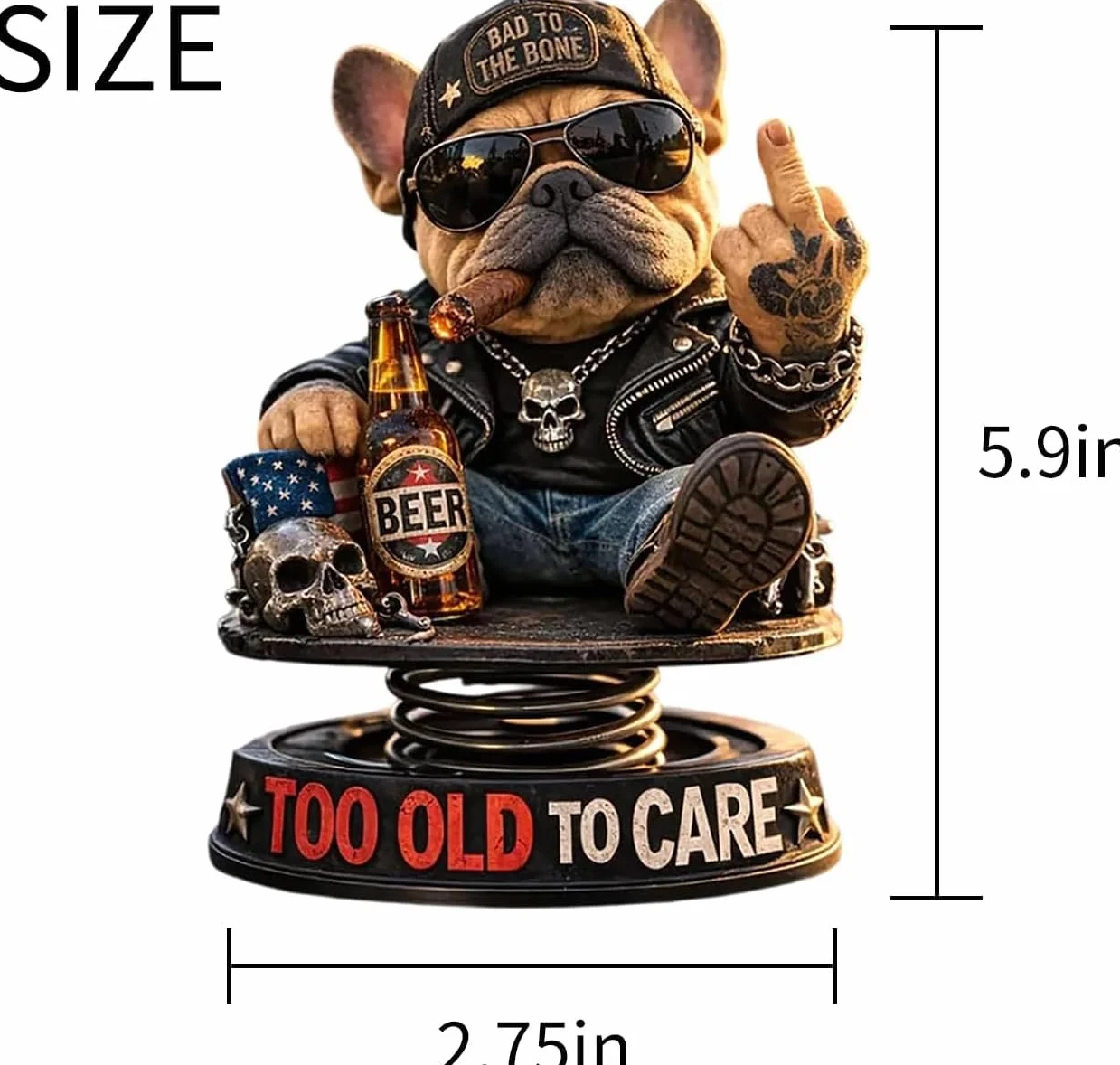 Too Old to Care Dashboard Bobblehead, interesujący buldog jako dekoracja samochodowa, zabawna dekoracja deski rozdzielczej samochodu w kształcie psa ze sprężynową podstawą, bobbleheady na deskę