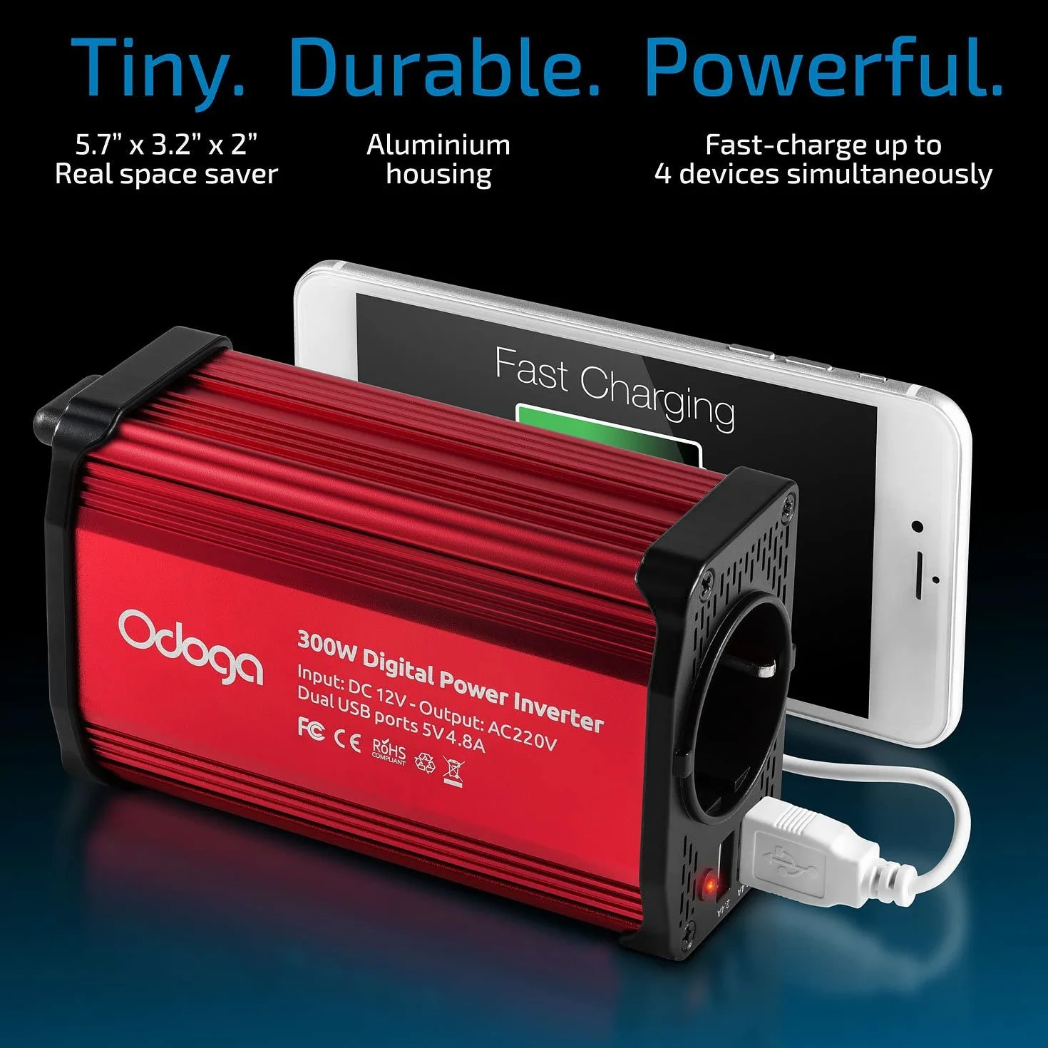 Odoga Falownik samochodowy 300 W 12 V na 240 V / 230 V, podwójne porty ładowania USB 4,8 A – ładuj laptopa, iPada, iPhone'a, tablet, konsole i trwalsze i wydajne, czerwony aluminiowy korpus