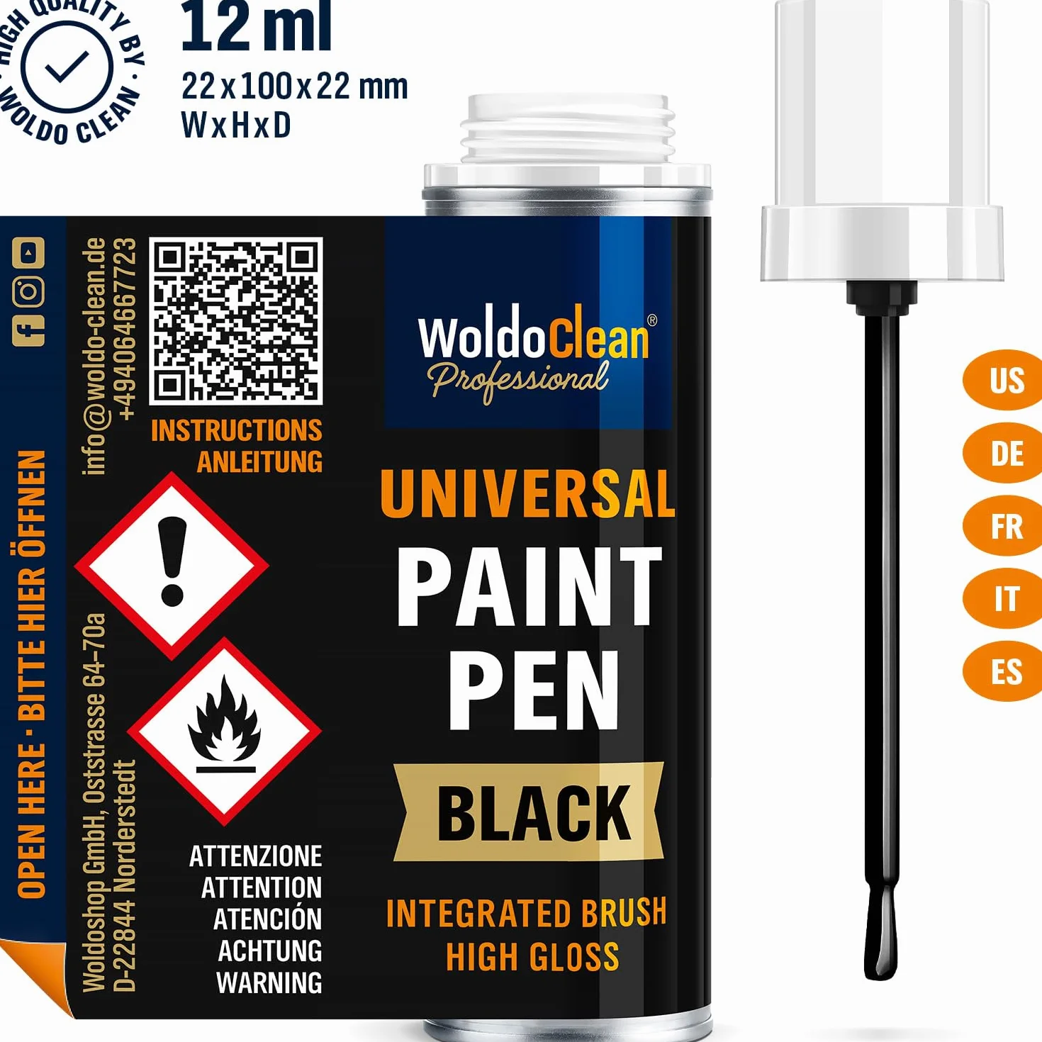 WoldoClean Czarny błyszczący lakier w pisaku 12 ml do usuwania rys i odprysków kamieni