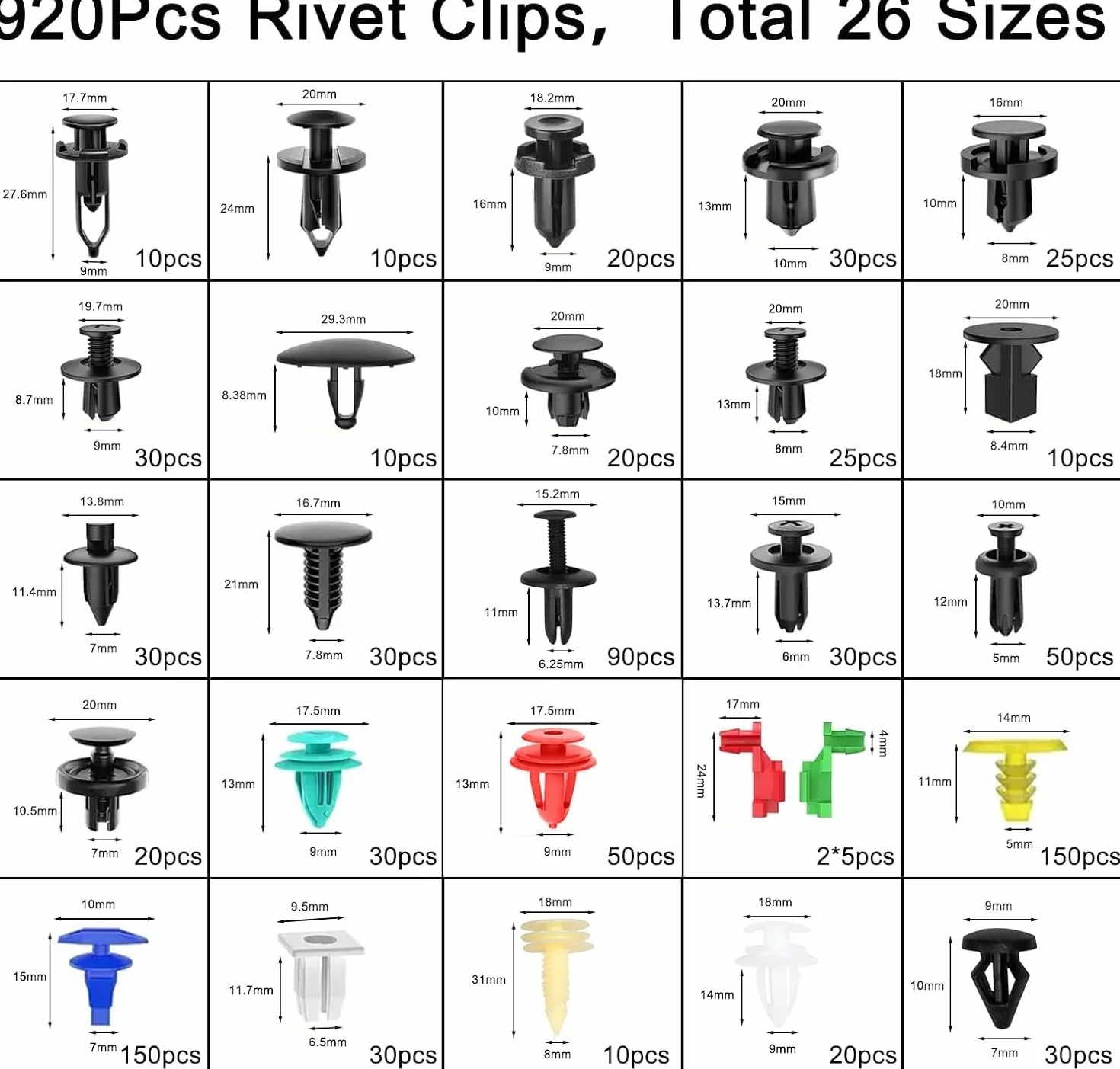 Plastikowe Nity Samochodowe Klipsy Mocujące Zaciski Zderzaków Zestaw 1105 Szt.