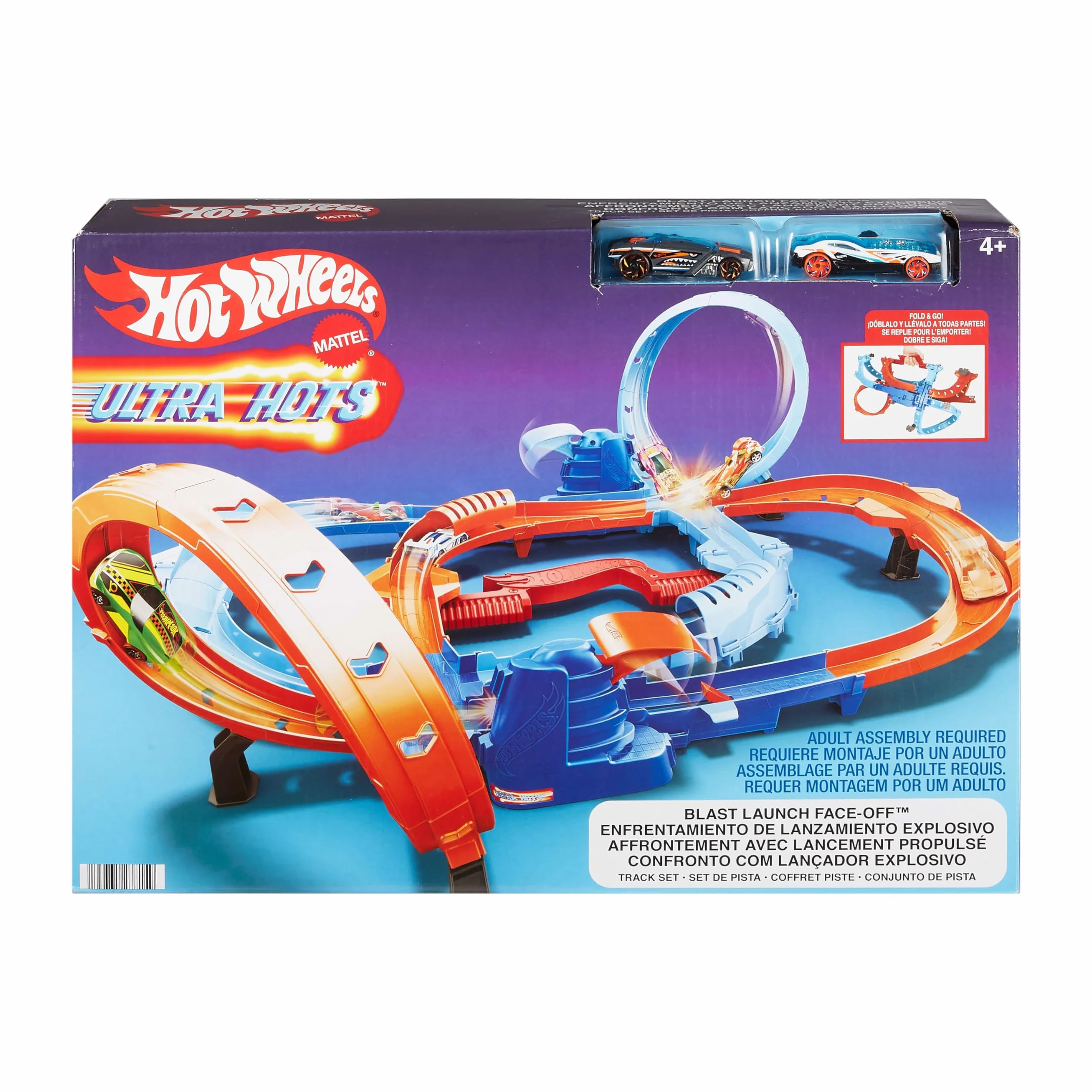 Hot Wheels Ultra Hots Pojedynek z turboprzyspieszeniem Zestaw do zabawy + 2 samochody w skali 1:64, tory wyścigowe i popisy kaskaderskie z 2 wyrzutniami, HXR71