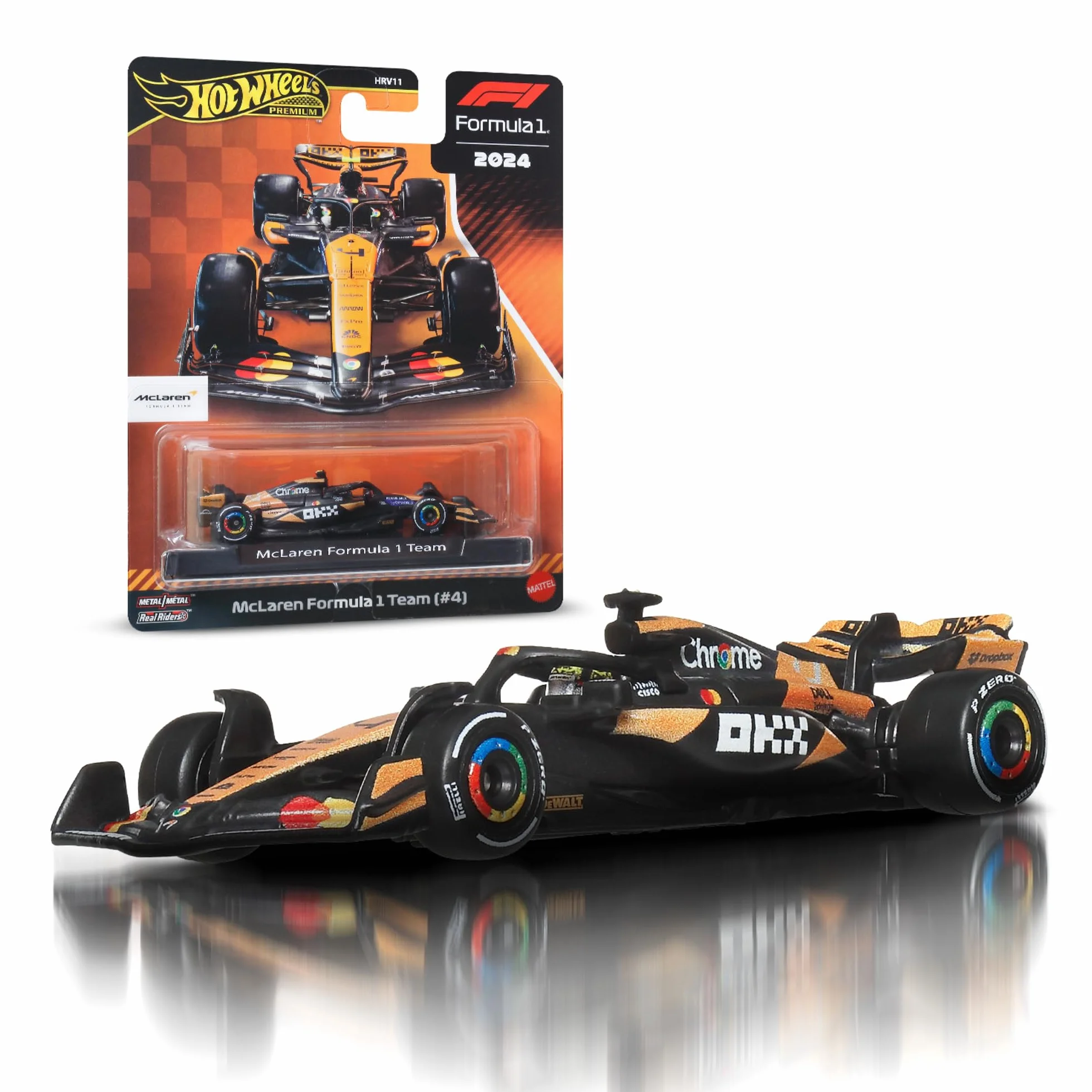 Hot Wheels Premium Formuła 1 Metalowy samochód wyścigowy w skali 1:64 Mc Laren, opony Real Riders i metalowa konstrukcja, bolid F1, zabawka auto, JBM11