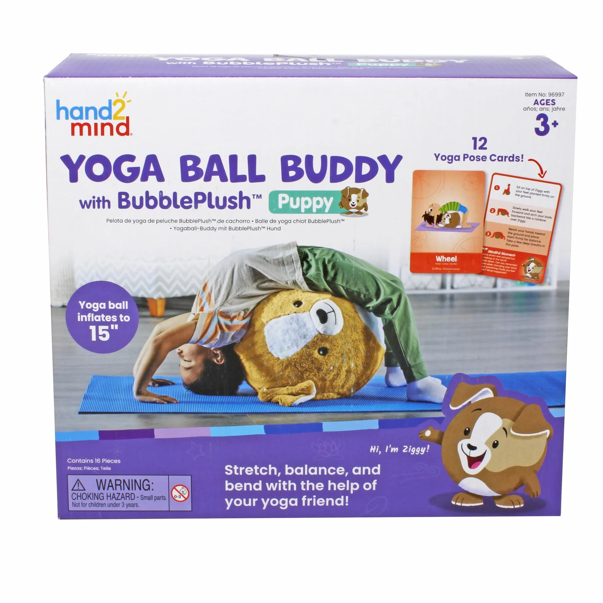 Learning Resources Yoga Ball Buddy z psem BubblePlush, piłka do jogi dla dzieci od 3 lat, gra do jogi dla równowagi i ruchu, z 12 kartami do jogi i pompką