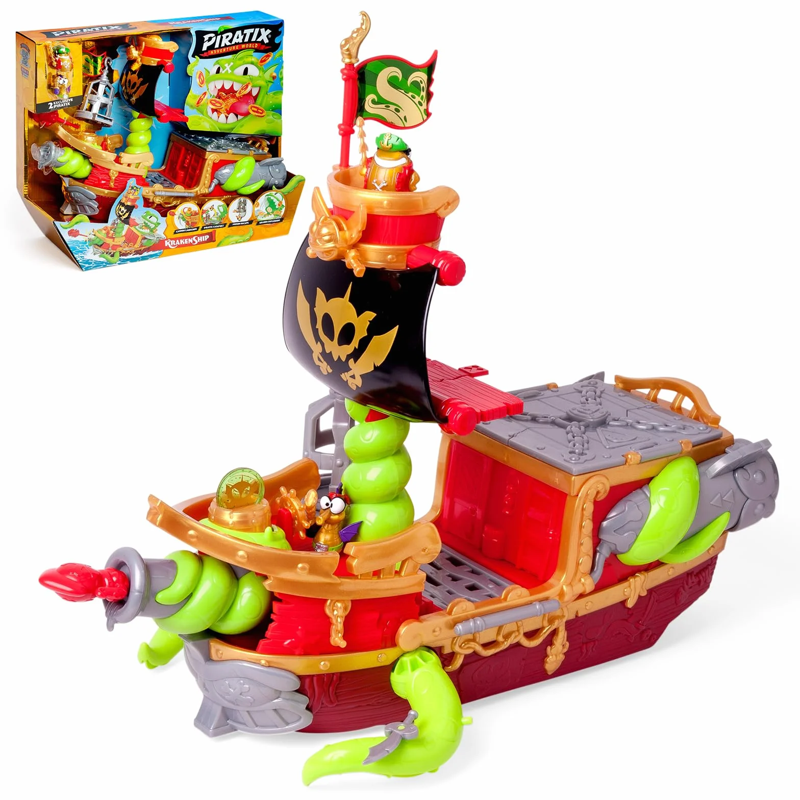 PIRATIX Kraken Ship – Statek piracki Piratix.Zestaw zawiera:1 Kraken Ship,2 Piratiksy z akcesoriami,1 pocisk armatni,1 monetę, 6 złotych monet,1 ekskluzywną banderę,1 miecz,1 kotwicę i 1 więzienie.