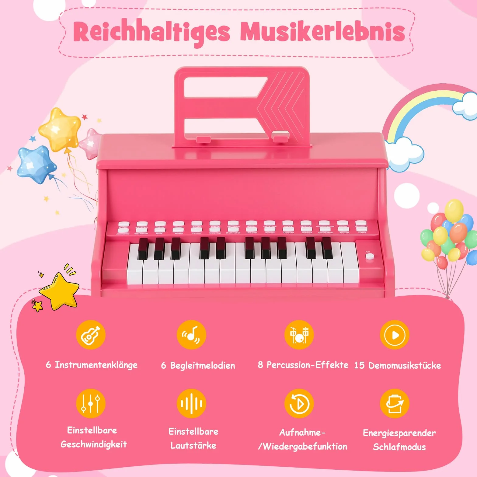 COSTWAY Klawiatura dla dzieci z 25 przyciskami, drewno ze stojakiem na nuty i trybem nauczania, pianino dziecięce z regulowaną prędkością i głośnością, mini klawiatura fortepianowa dla dzieci od 3 lat