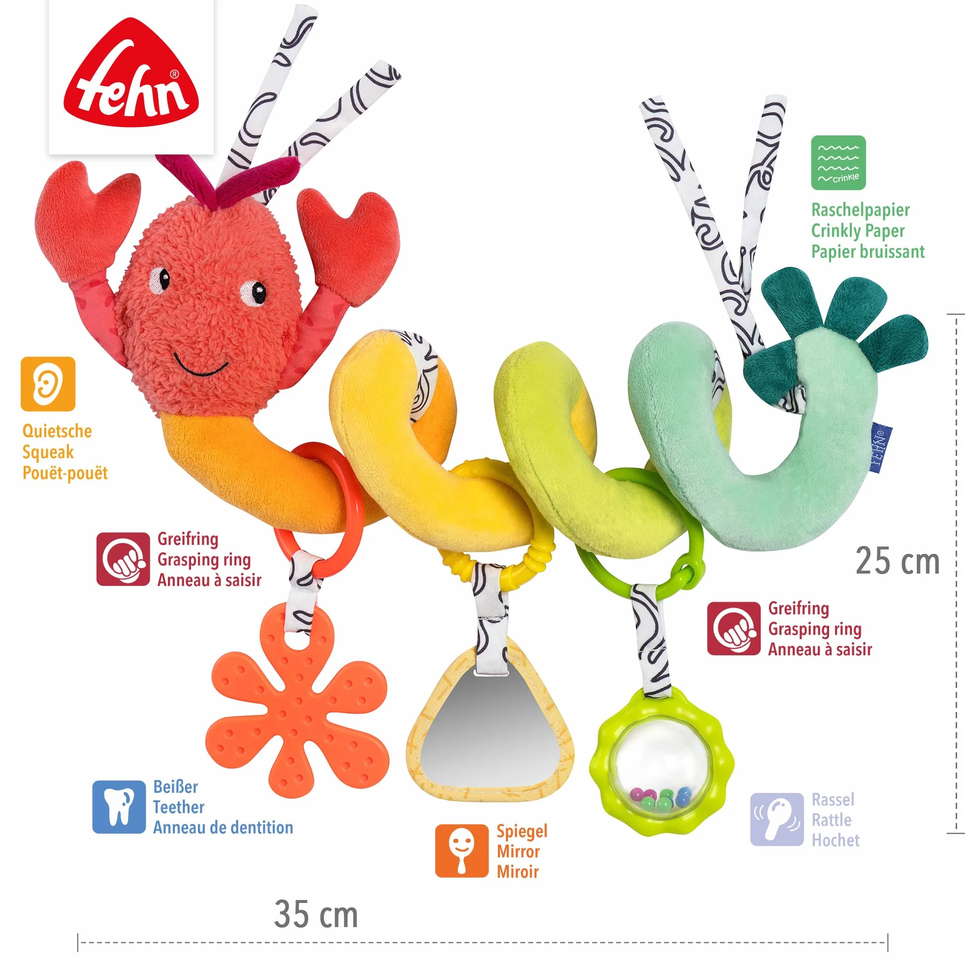 Fehn Hummer spirala Activity – spirala materiałowa z funkcjami uczenia się do chwytania, odczuwania, zabawy – wspomaga chwytanie, zmysł dotyku i motorykę – do domu i w podróży, dla niemowląt od