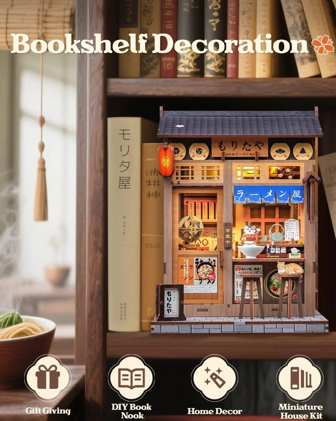 CUTEBEE Book Nook Kit-Domek dla Lalek dla Dorosłych,Przytulna Japońska Noodle Bar,DIY Miniaturowy Dom z Oświetleniem LED,Deko na Półkę,Idealny Prezent (Morita-Ya)