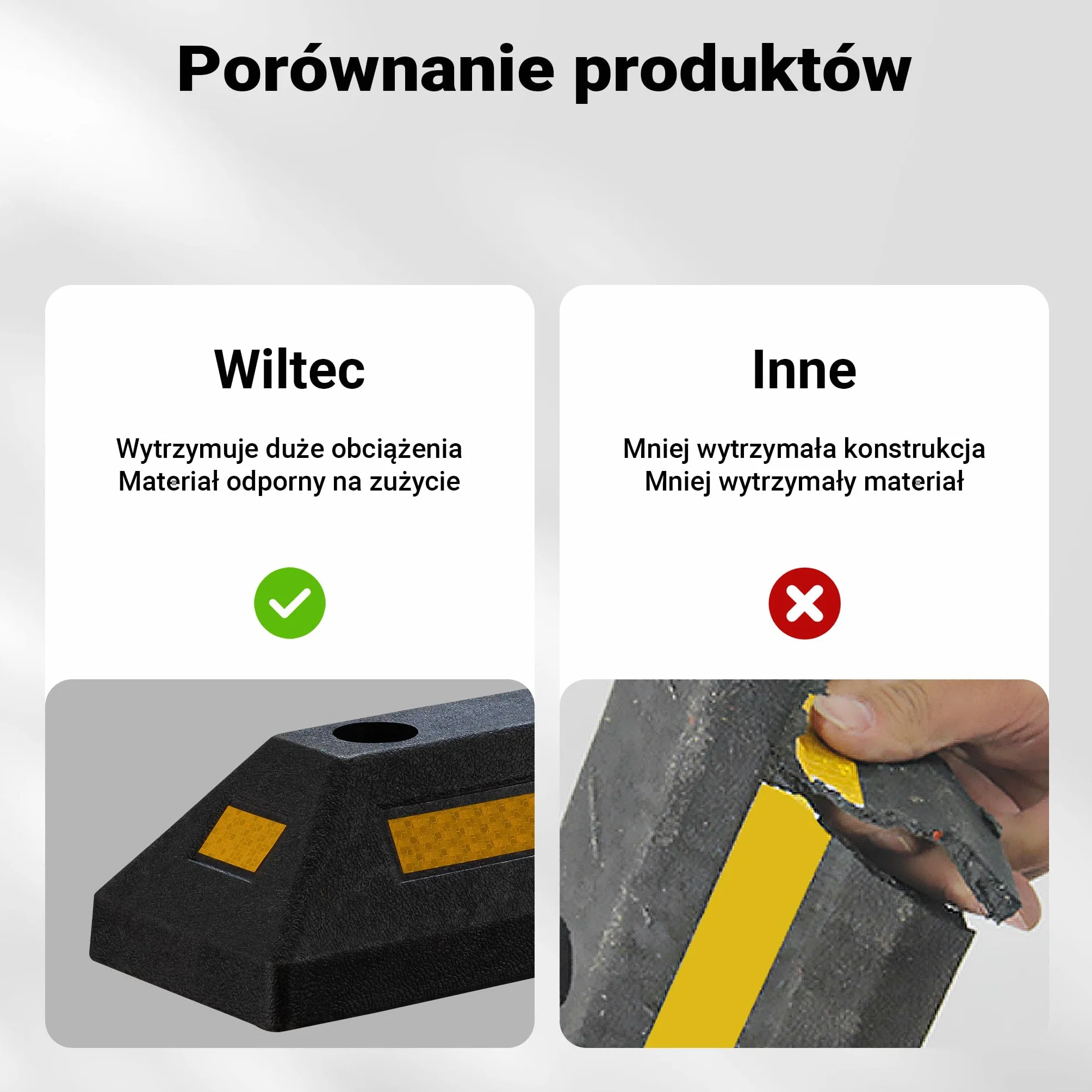 Wiltec Ogranicznik parkingowy 2 szt. 56 x 15 x 10 cm czarny z żółtą taśmą odblaskową, odbojnik gumowy do garażu i parkingu