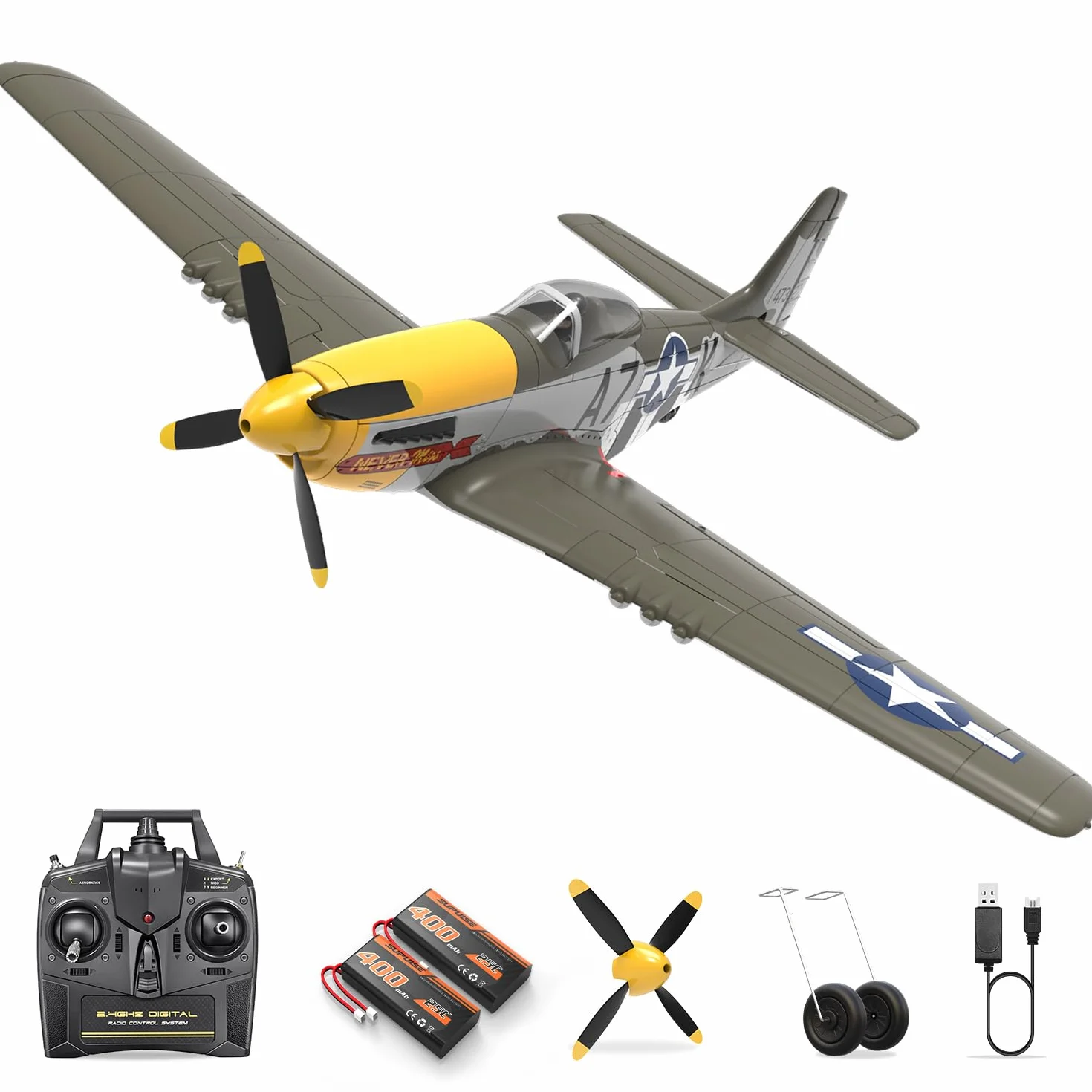 HAWK'S WORK Samolot RC P-51D Mustang 500mm, 4-kanałowy Zdalnie Sterowany Warbird RTF, Silnik Bezszczotkowy 6-osiowy Żyroskop 3 Tryby Lotu, Łatwy w Pilotażu dla Początkujących Chłopców i Dorosłych