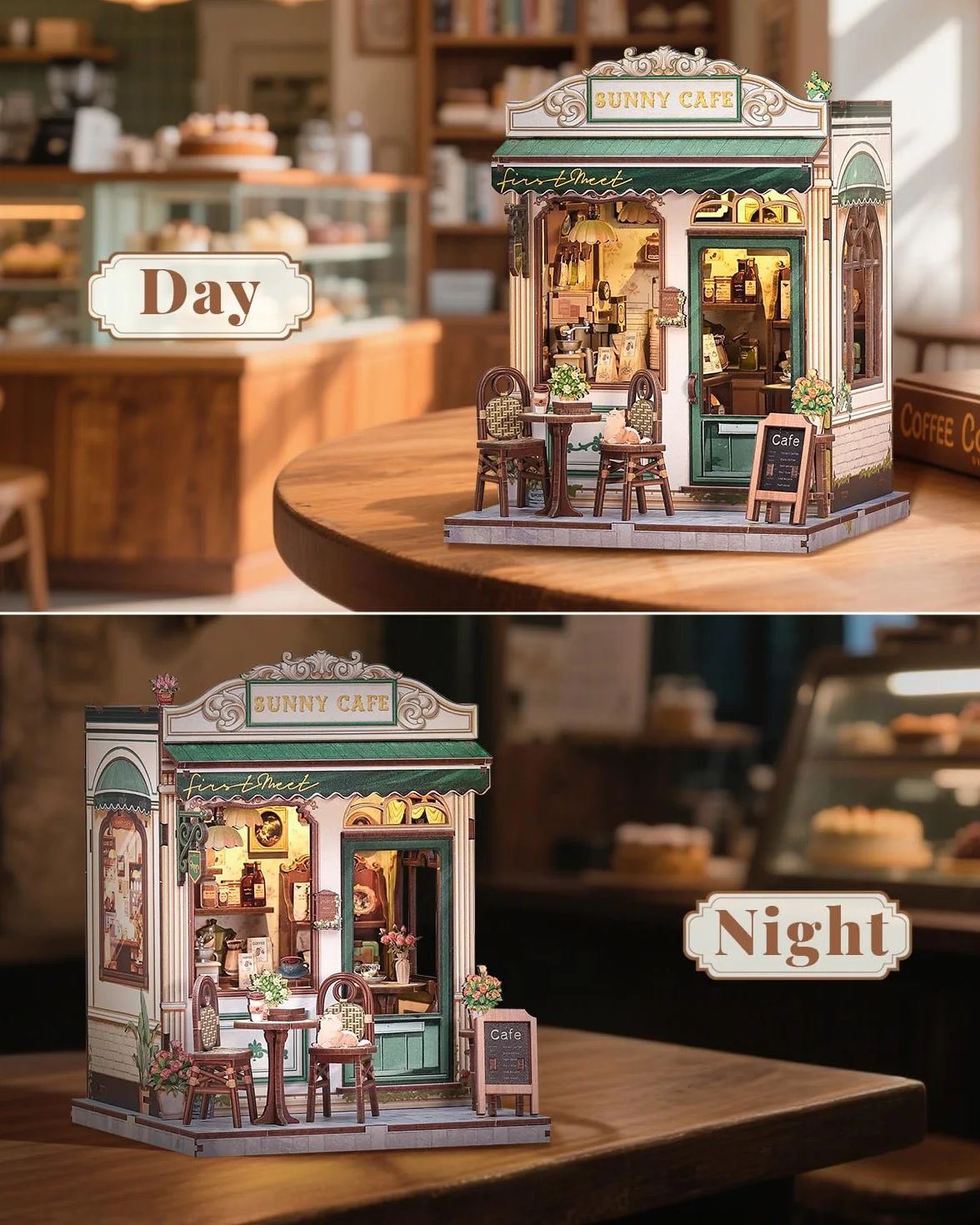 CUTEBEE Book Nook Kit-DIY Domek Dla Lalek,Drewniana Zakładka 3D w Stylu Vintage Biel & Zieleń,Dekoracja na Półkę,Prezent dla Dorosłych (Sunny cafe)