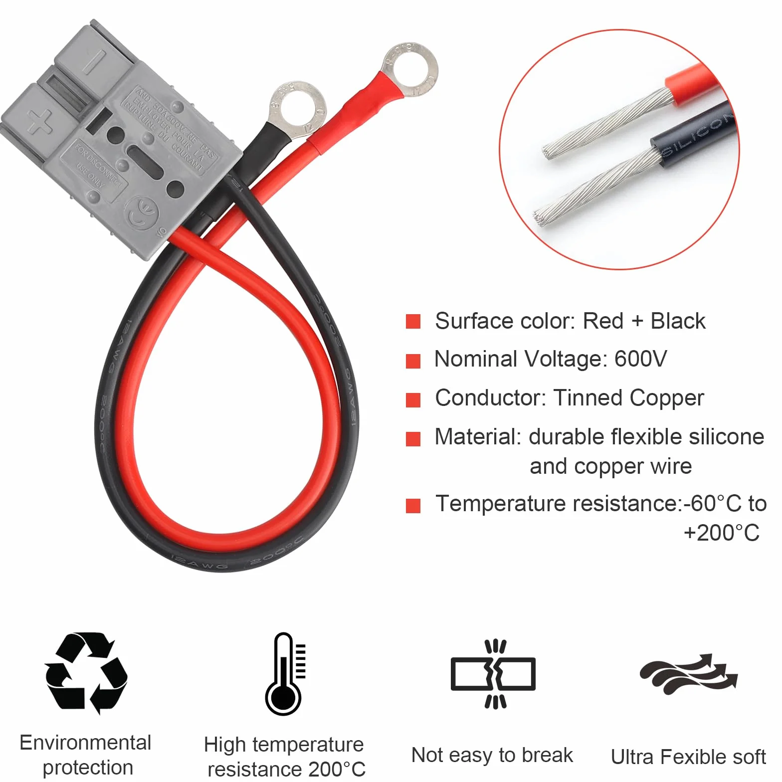 Wtyczki Anderson 50 A 600 V z kablem 12 AWG o-ring do baterii
