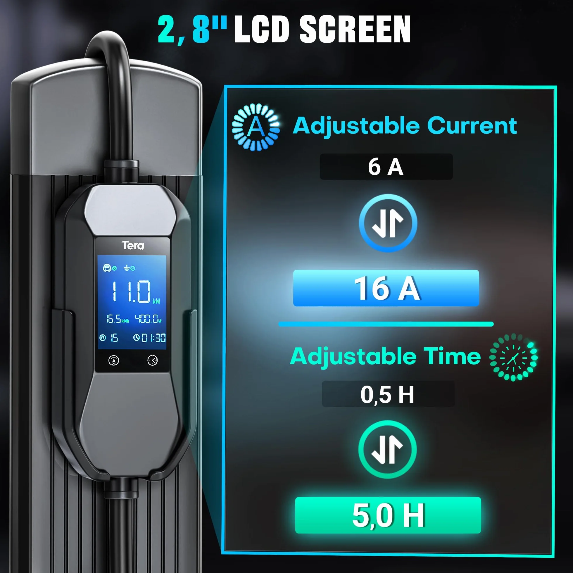 Tera Mobile Wallbox EV ładowarka 11 kW CEE 16A typ 2 IP66 3-fazowa 7,5 m 2,8" wyświetlacz cyfrowy