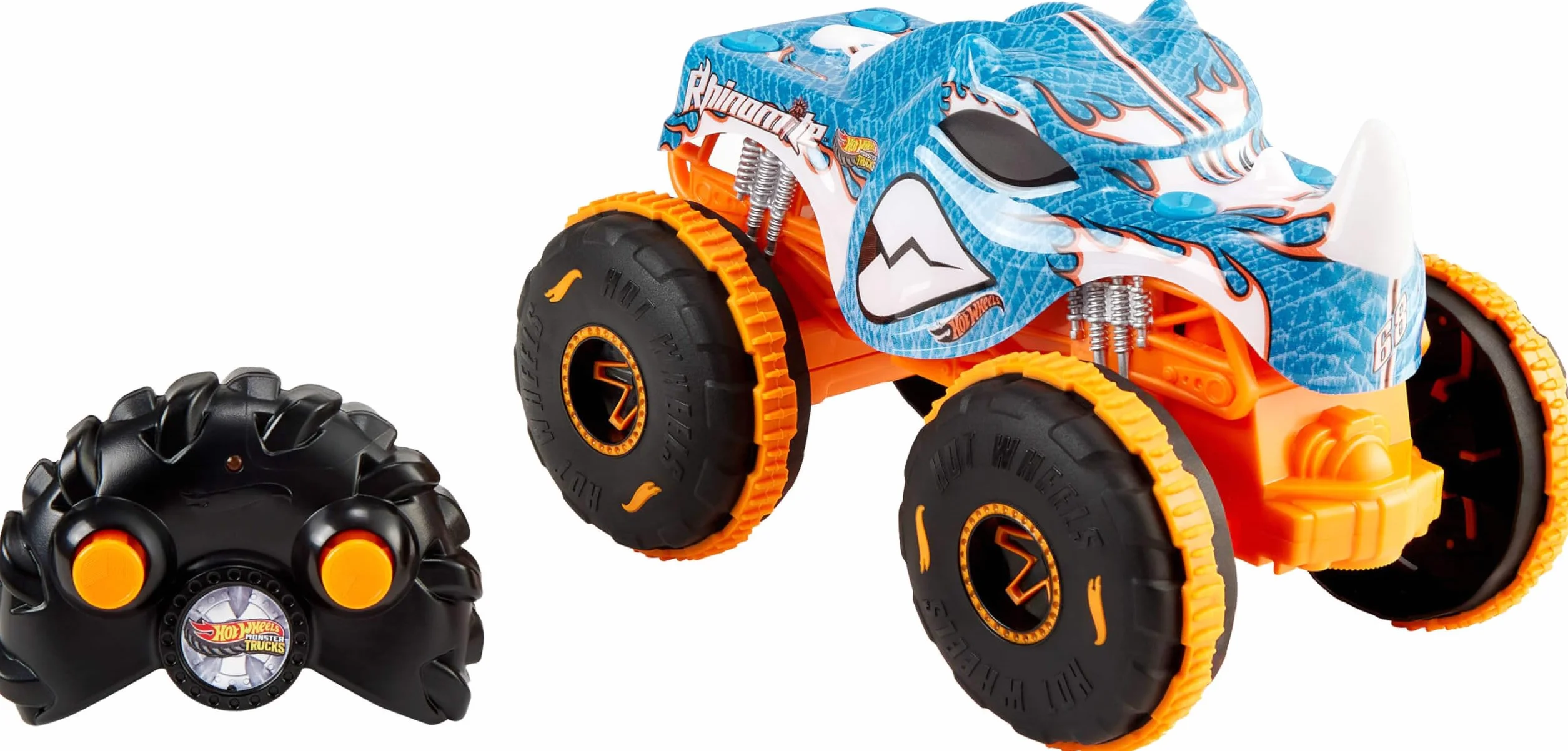 Hot Wheels Monster Trucks RC Rhinomite Pojazd zdalnie sterowany w skali 1:24, terenowy samochód RC do jazdy po różnych powierzchniach dzięki oponom Grip Action, JBK11