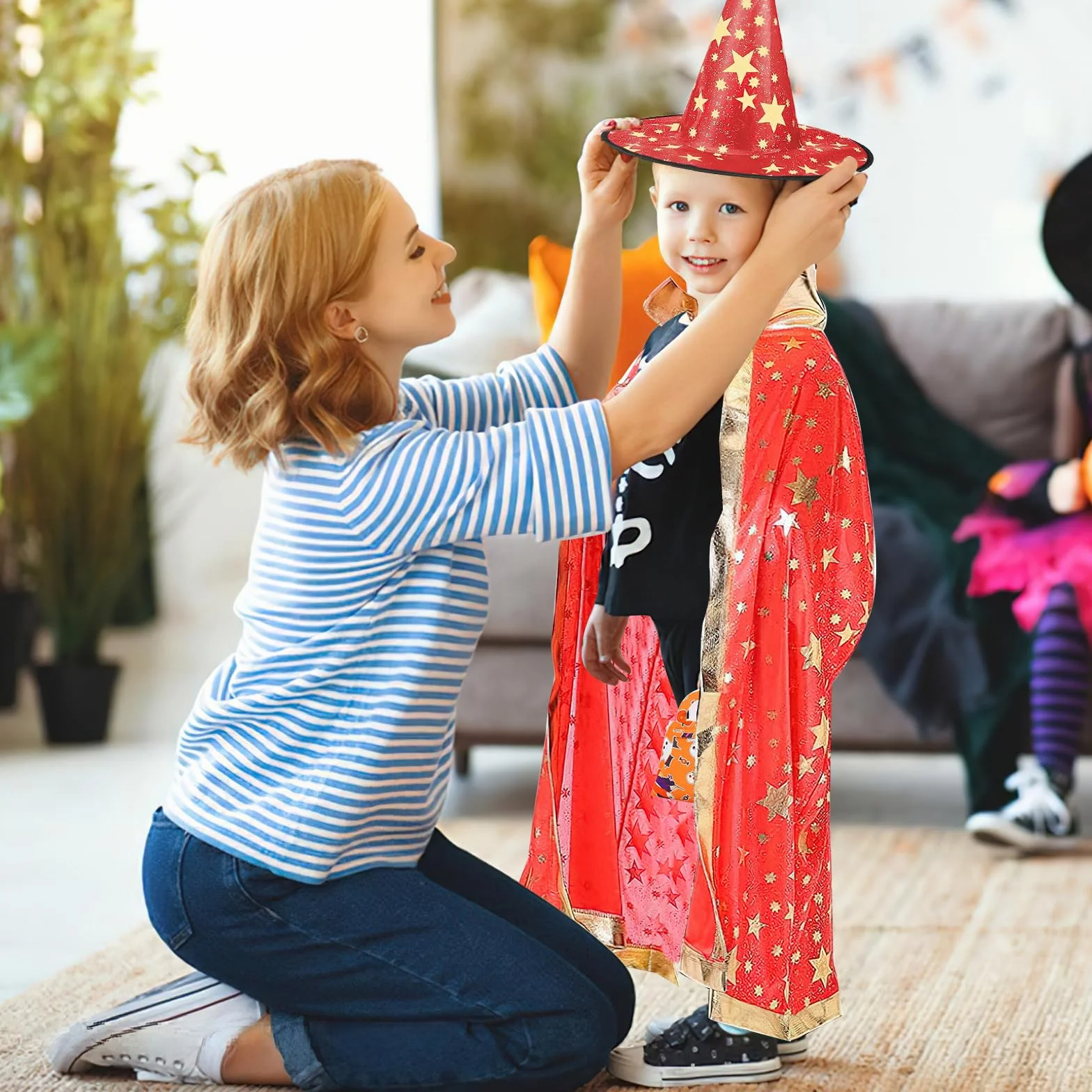 Kapelusz i peleryna czarodziejki, peleryna czarownicy z kapeluszem, peleryna maga dziecięca, peleryna dyniowa Halloween, płaszcz czarownicy, peleryna czarodziejska